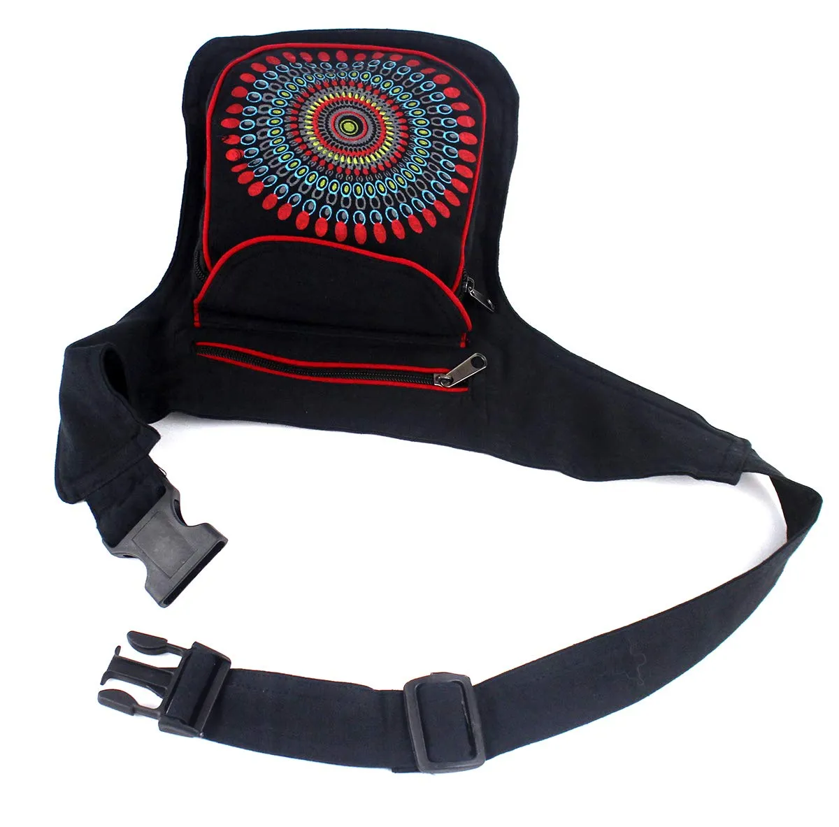 Furein Marsupio in tessuto con motivi etnici, 3 tasche con chiusura a zip, tracolla regolabile, 18 x 16 x 3 cm, Nero Mb-1 - immagine 5