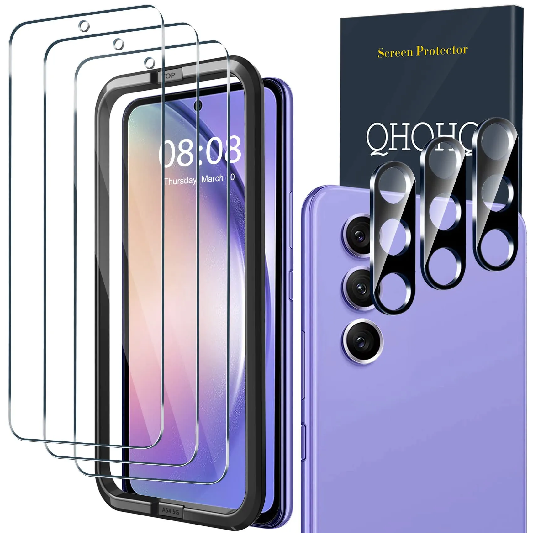 QHOHQ Vetro Temperato per Samsung Galaxy A54 5G con Protezioni Fotocamera Posteriore (3+3 Pezzi) - immagine 1