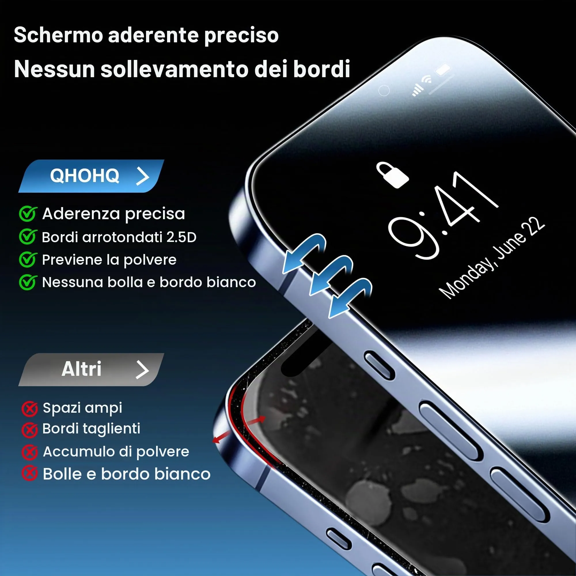 QHOHQ Pellicola Privacy Vetro Temperato per iPhone 18 Pro, 3+3 Pezzi - immagine 5