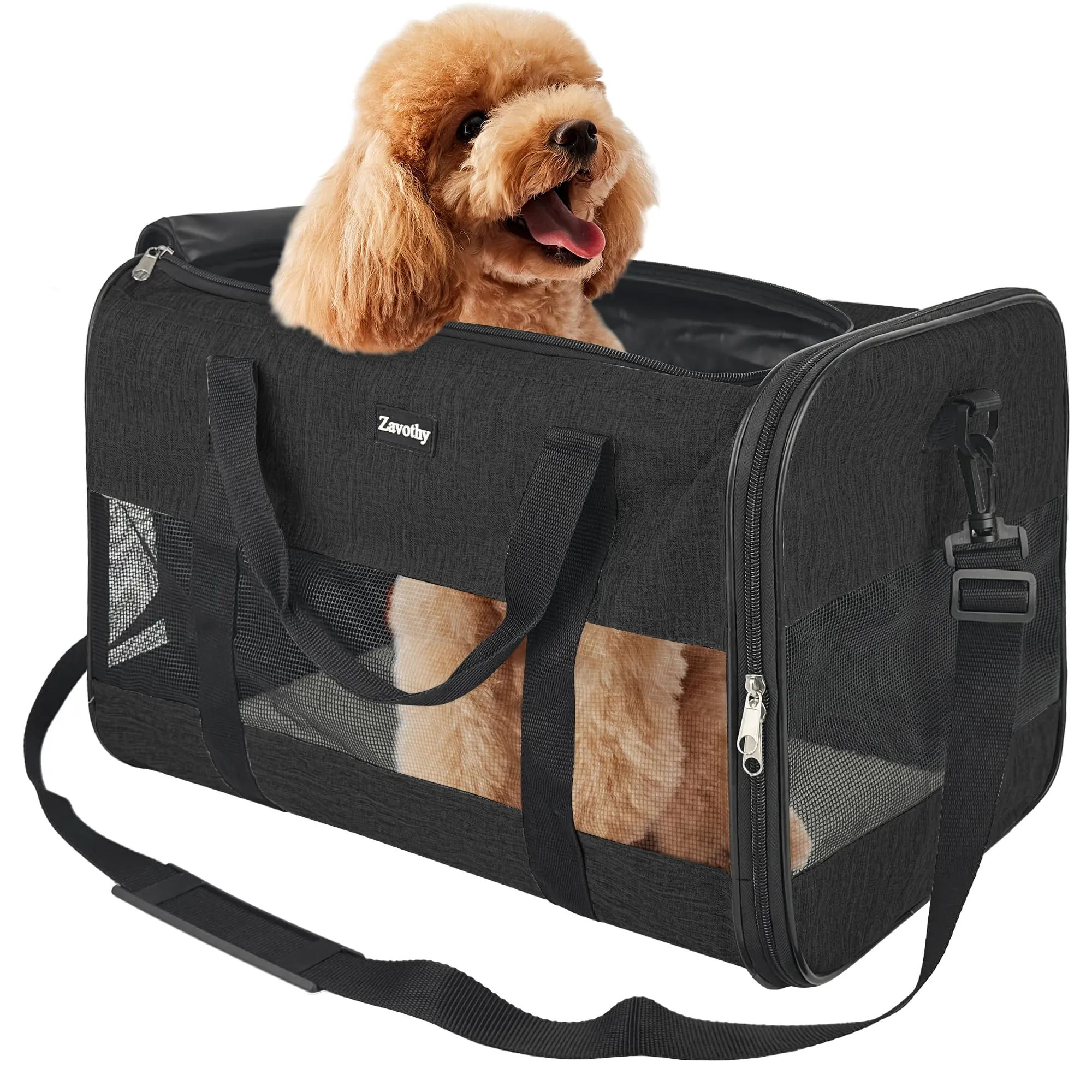 Zavothy Borsa per il trasporto per gatti e cani, traspirante e pieghevole, con tracolla regolabile e materasso in peluche rimovibile, Nero, L - immagine 1