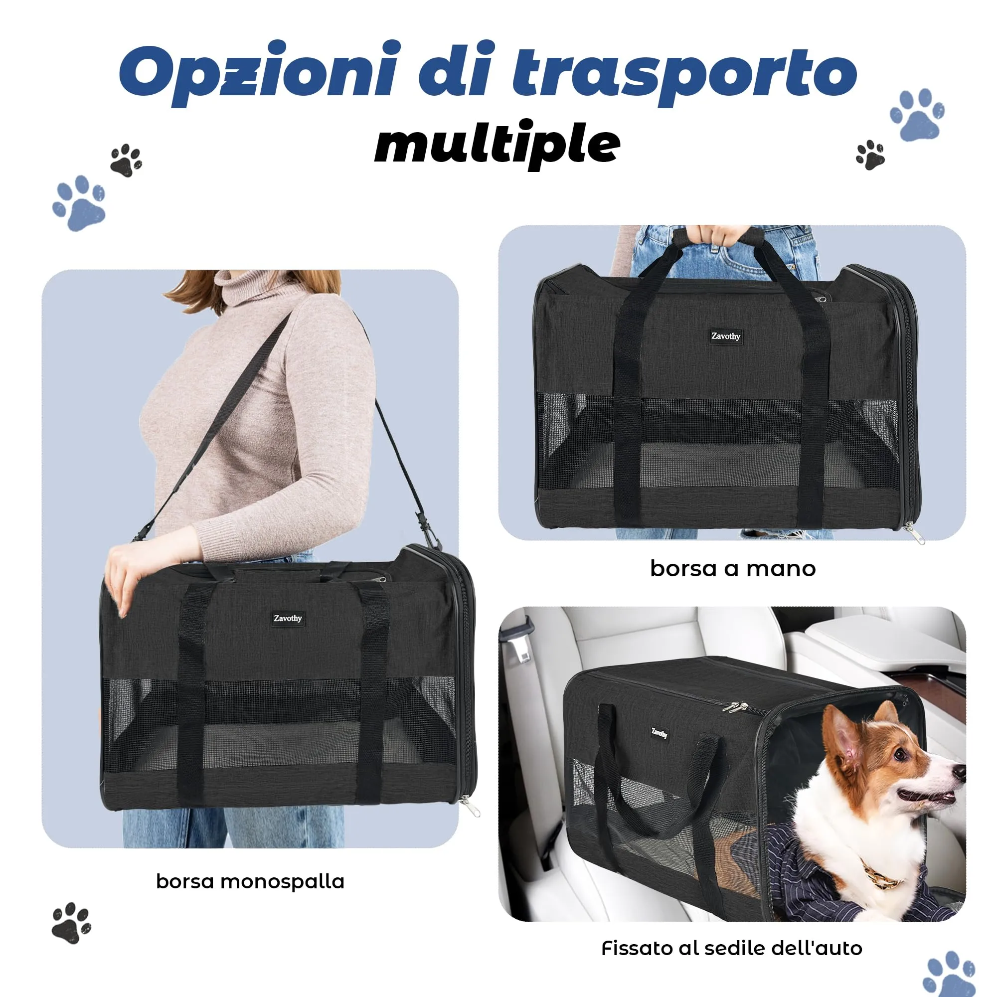 Zavothy Borsa per il trasporto per gatti e cani, traspirante e pieghevole, con tracolla regolabile e materasso in peluche rimovibile, Nero, L - immagine 6