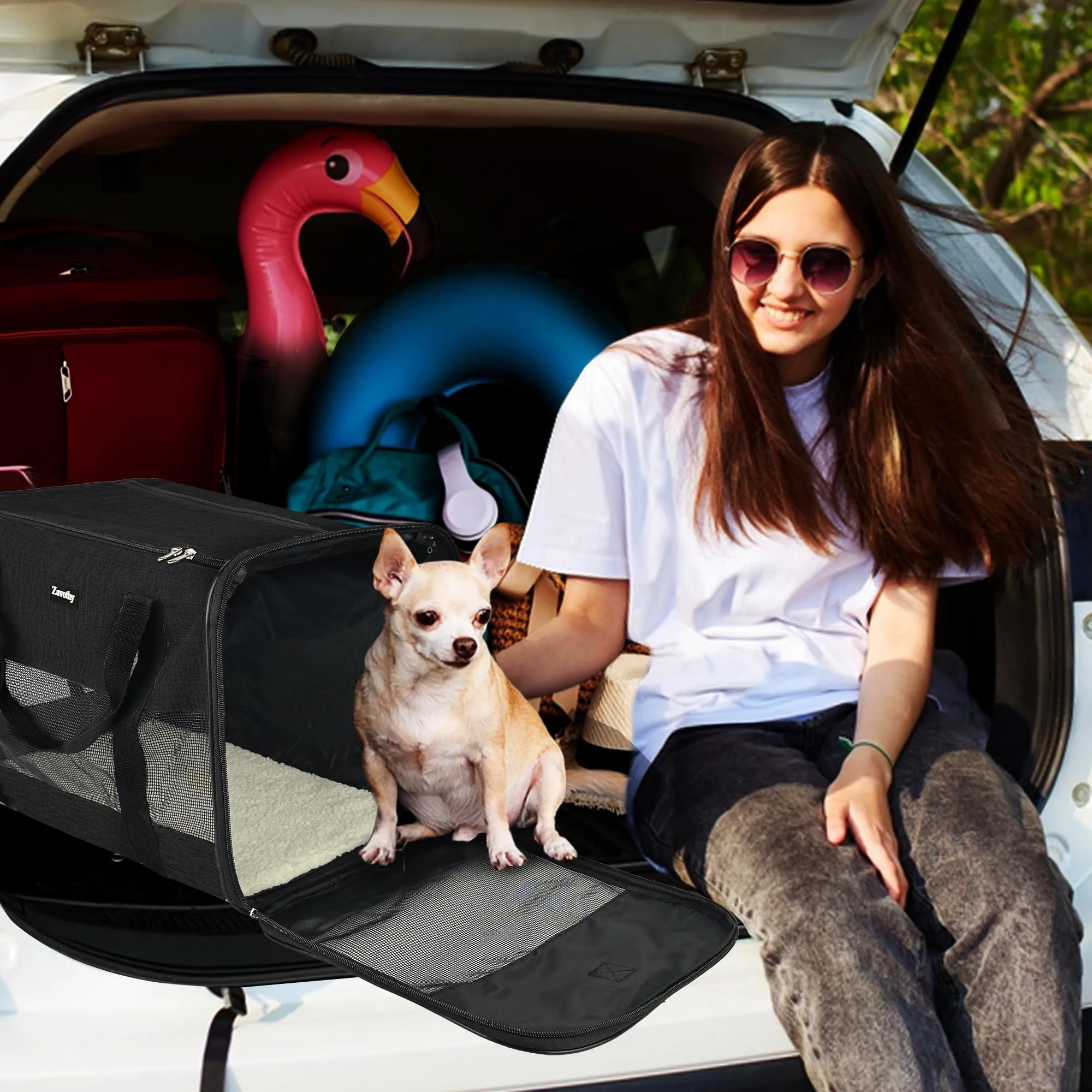 Zavothy Borsa per il trasporto per gatti e cani, traspirante e pieghevole, con tracolla regolabile e materasso in peluche rimovibile, Nero, L - immagine 7
