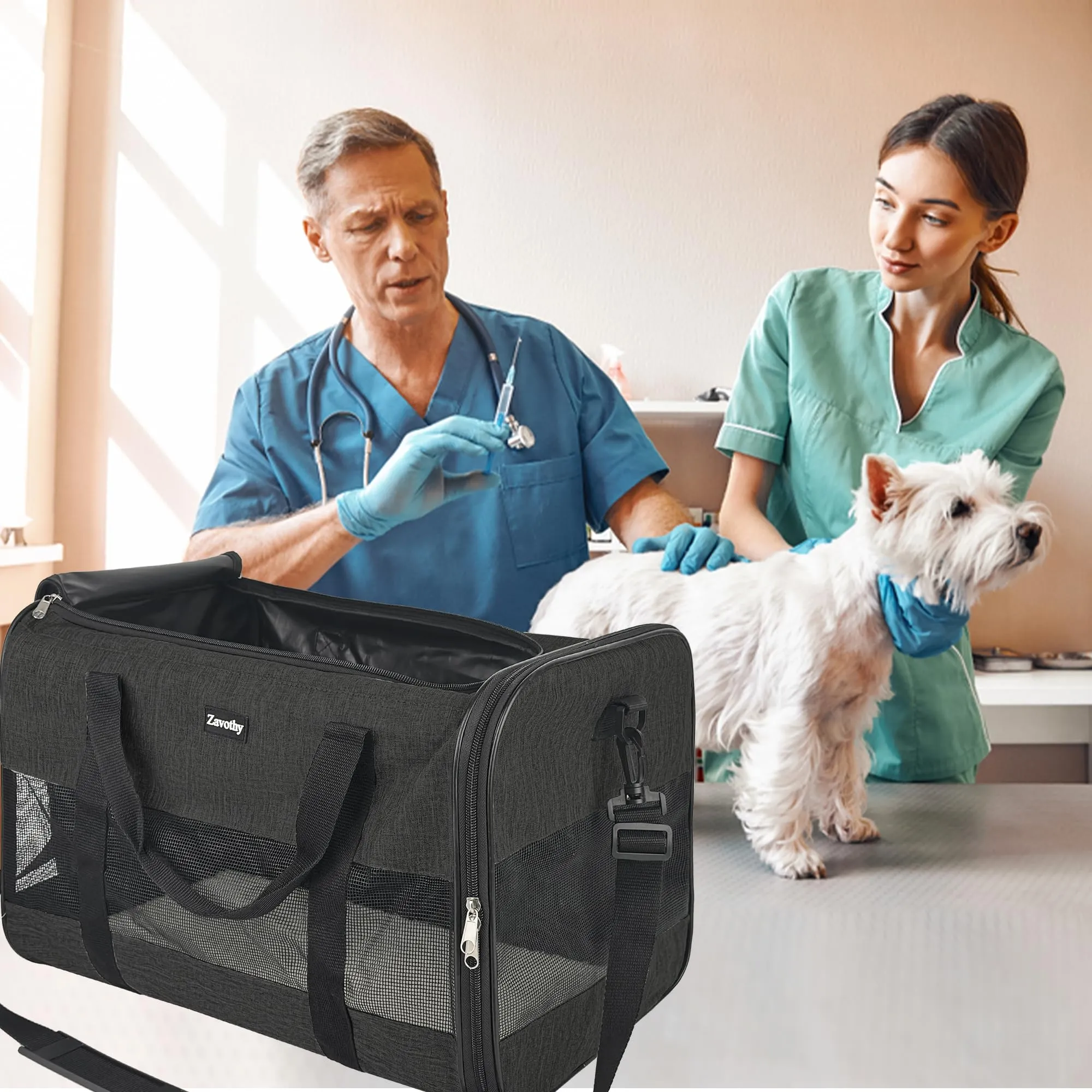 Zavothy Borsa per il trasporto per gatti e cani, traspirante e pieghevole, con tracolla regolabile e materasso in peluche rimovibile, Nero, L - immagine 8