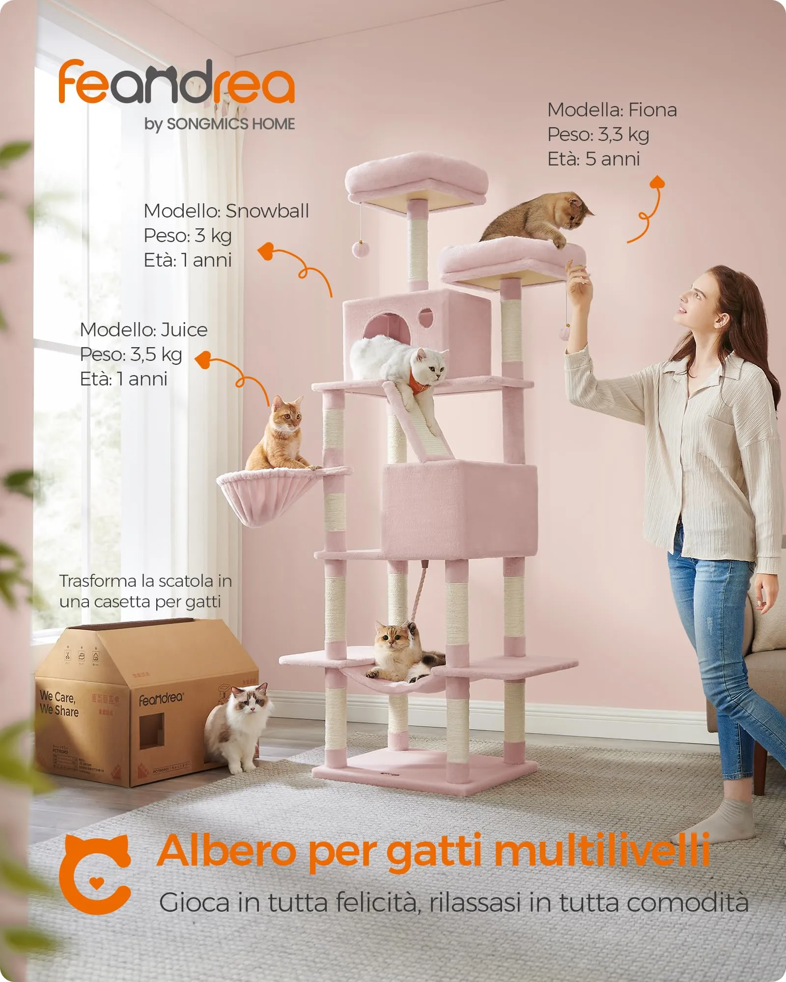 Feandrea Albero per Gatti, 5 Livelli, Tiragraffi, Alto 203,5 cm - immagine 3