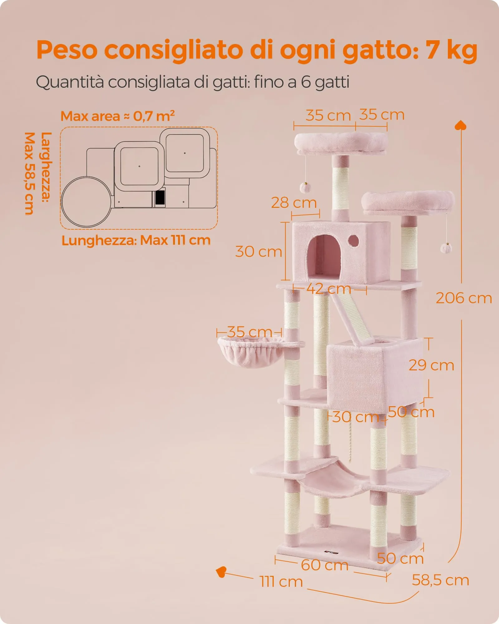 Feandrea Albero per Gatti, 5 Livelli, Tiragraffi, Alto 203,5 cm - immagine 7