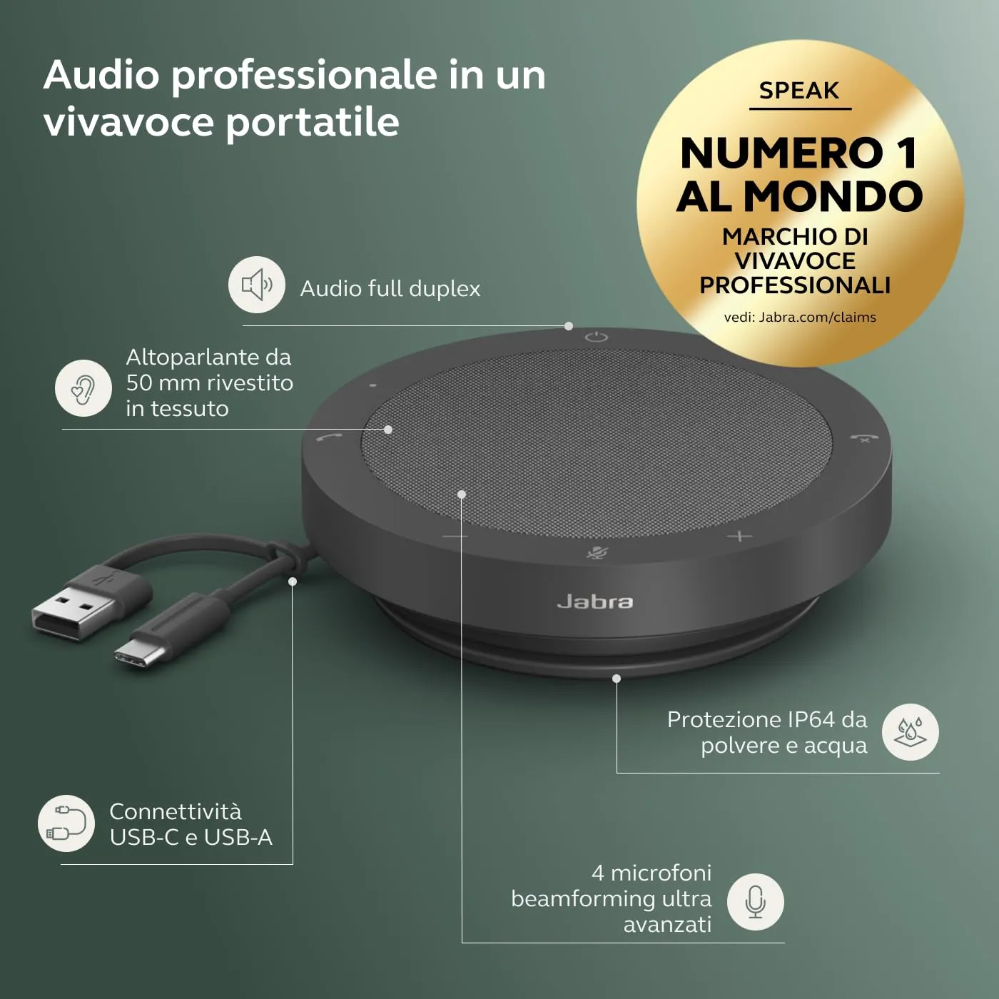 Jabra Speak2 40 Vivavoce Portatile USB-A USB-C, Grigio - immagine 2