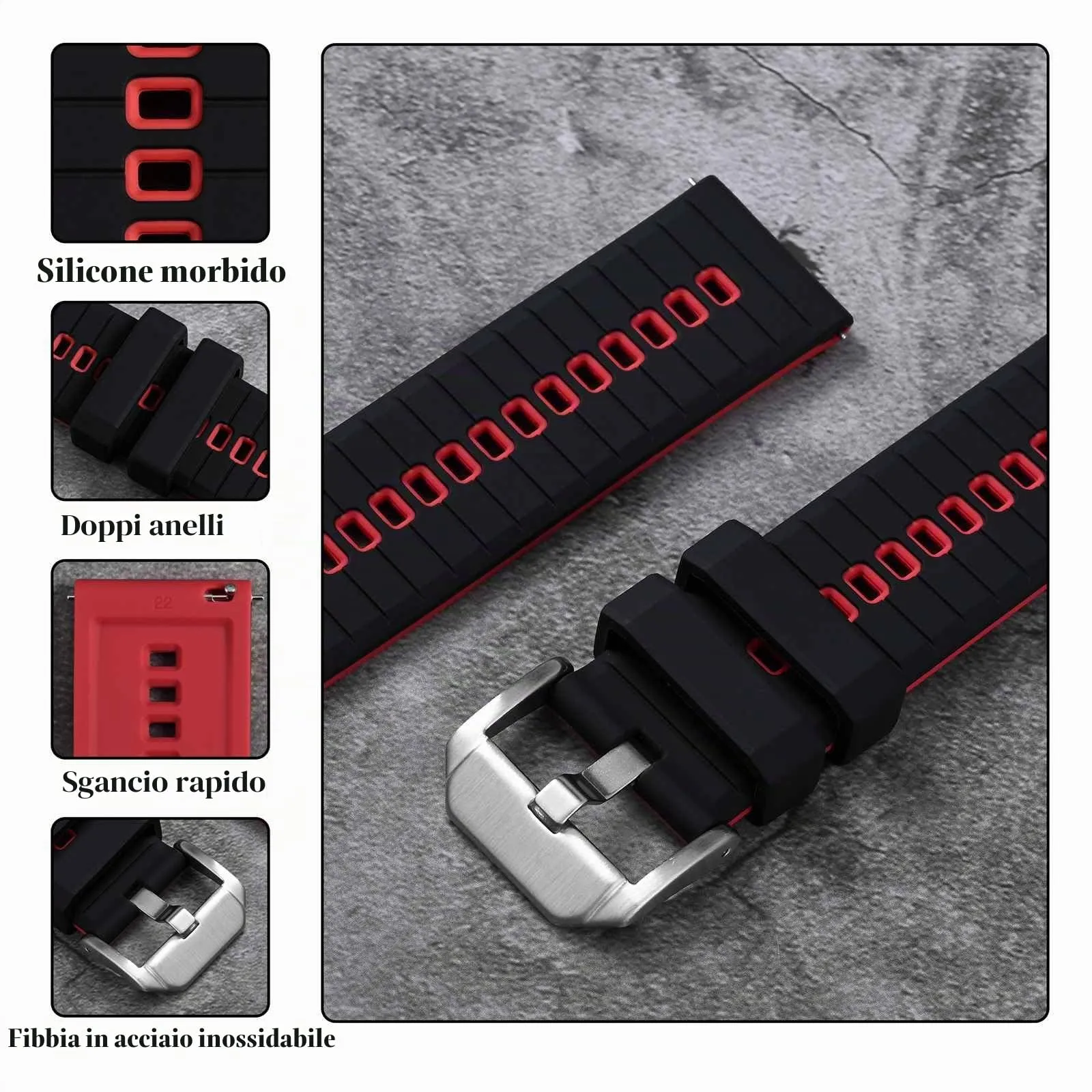 ANBEER Cinturino in Silicone a Sgancio Rapido 24mm, Nero&Rosso con Fibbia Argento - immagine 4