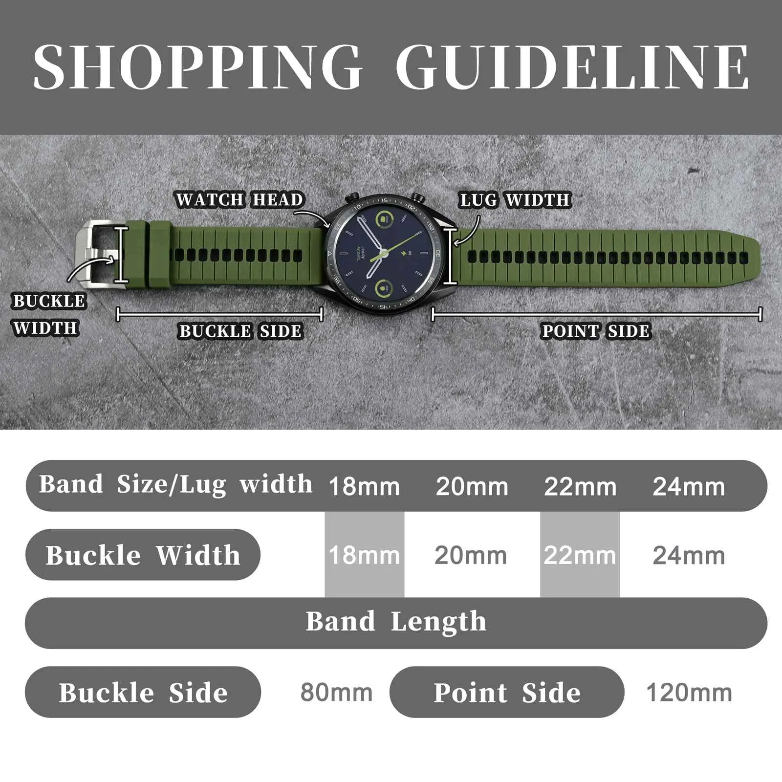 ANBEER Cinturino in silicone a sgancio rapido 20mm, Verde Militare & Nero con fibbia argento - immagine 5