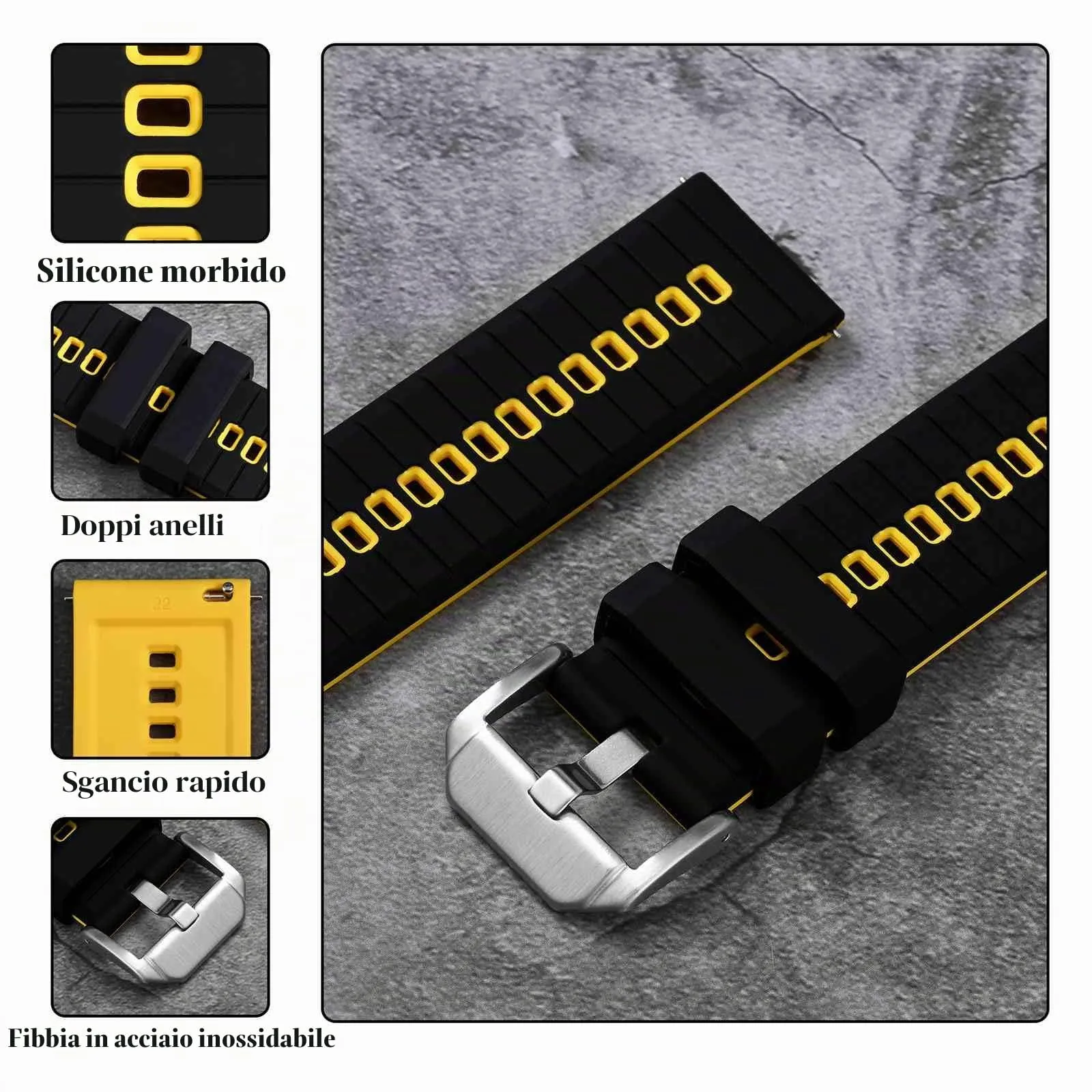 ANBEER Cinturino in silicone a sgancio rapido 18mm, Nero&Giallo con fibbia argento - immagine 4