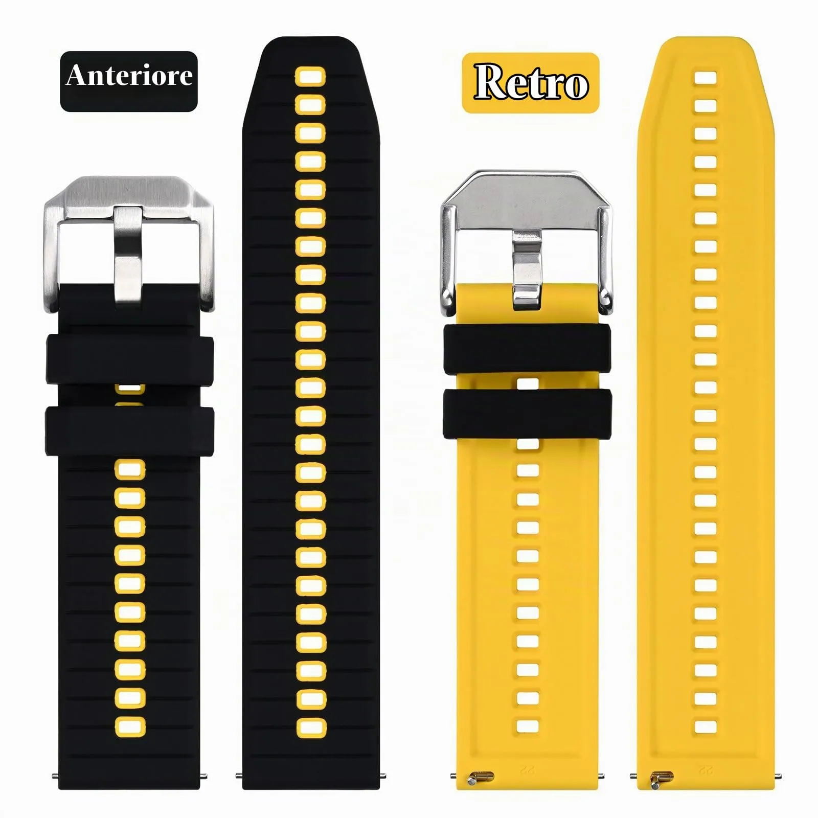 ANBEER Cinturino in silicone a sgancio rapido 24mm, Nero & Giallo con fibbia argento - immagine 3