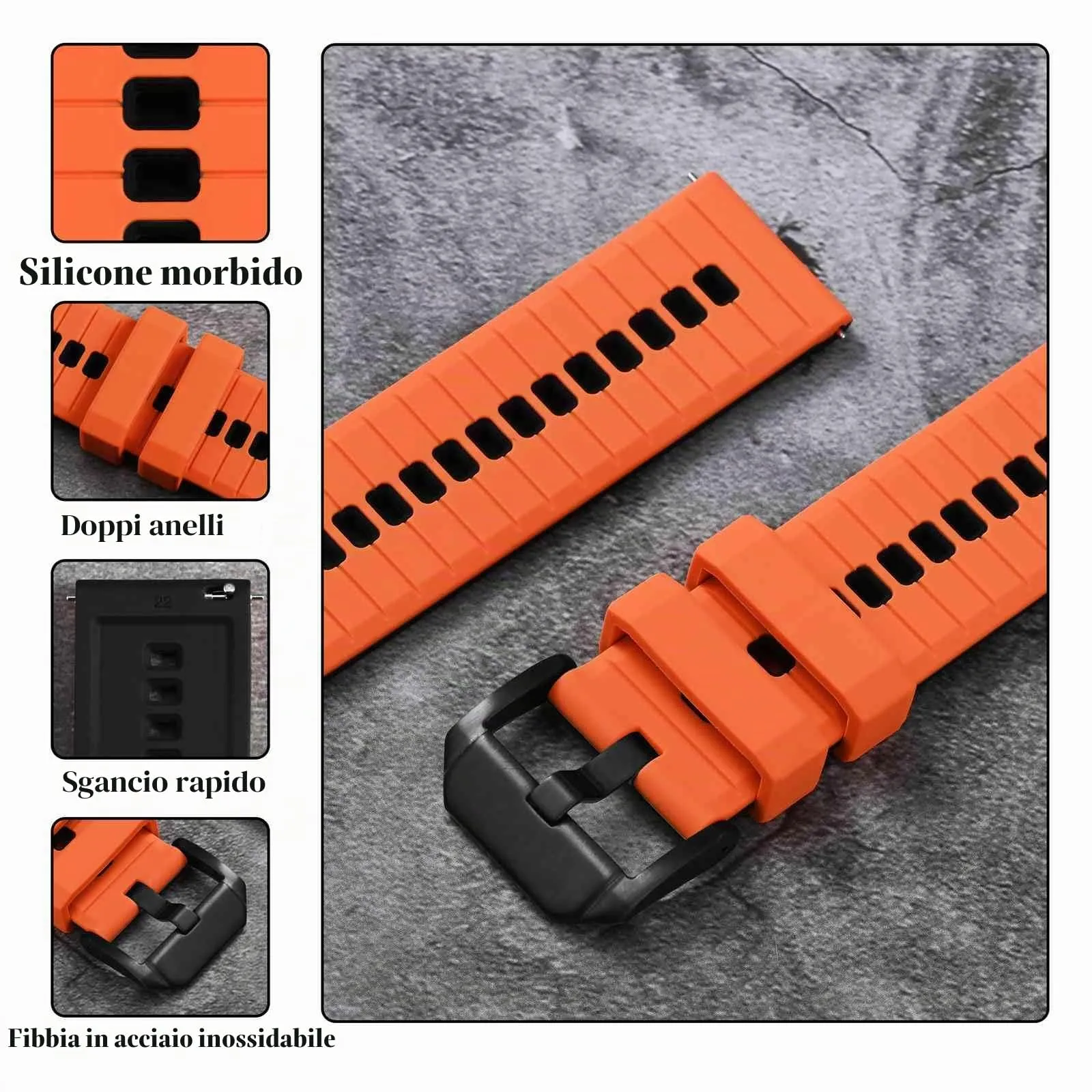 ANBEER Cinturino in Silicone a Sgancio Rapido 24mm, Arancione & Nero con Fibbia Nera - immagine 4