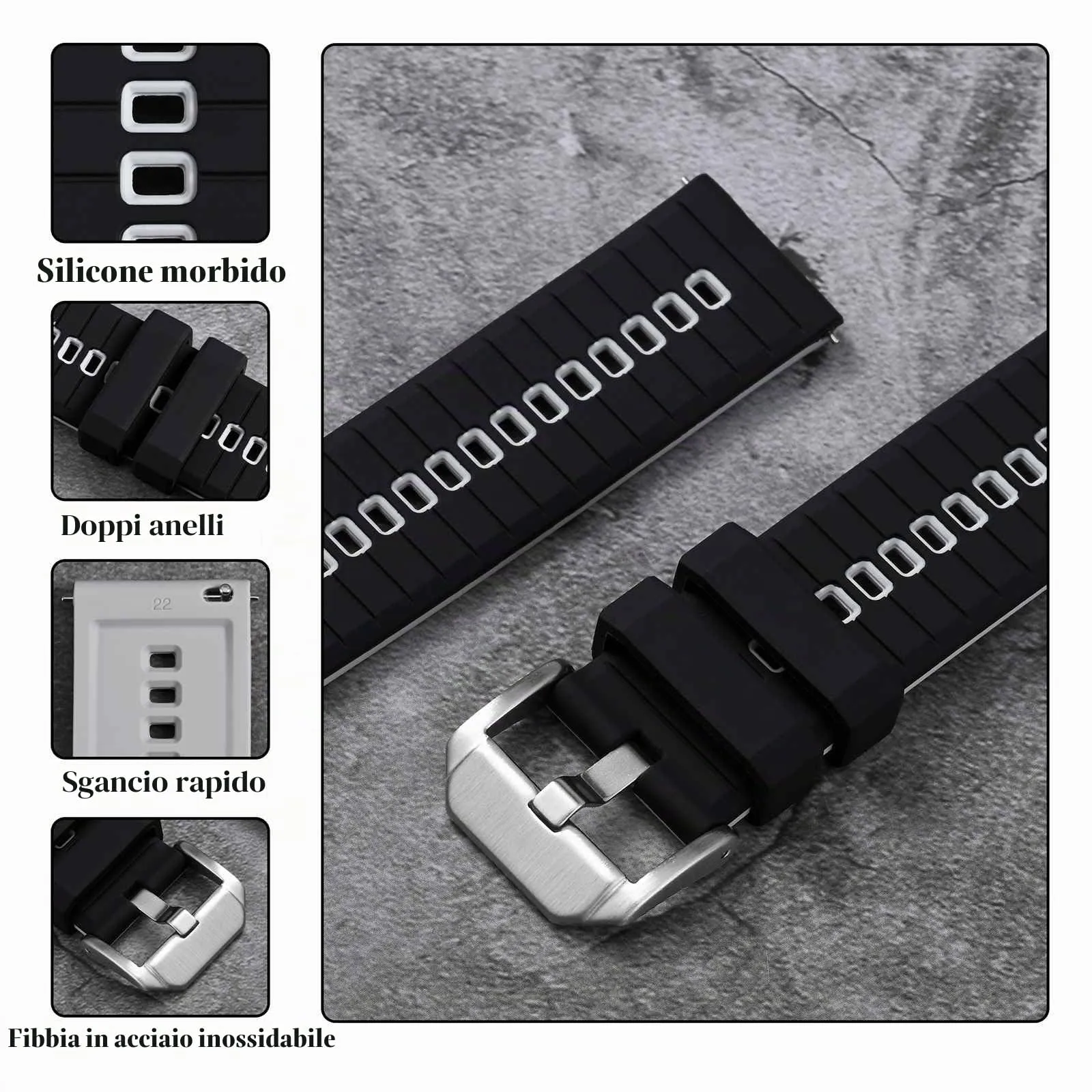 ANBEER Cinturino in silicone a sgancio rapido 22mm, Nero e Grigio con fibbia argento - immagine 4