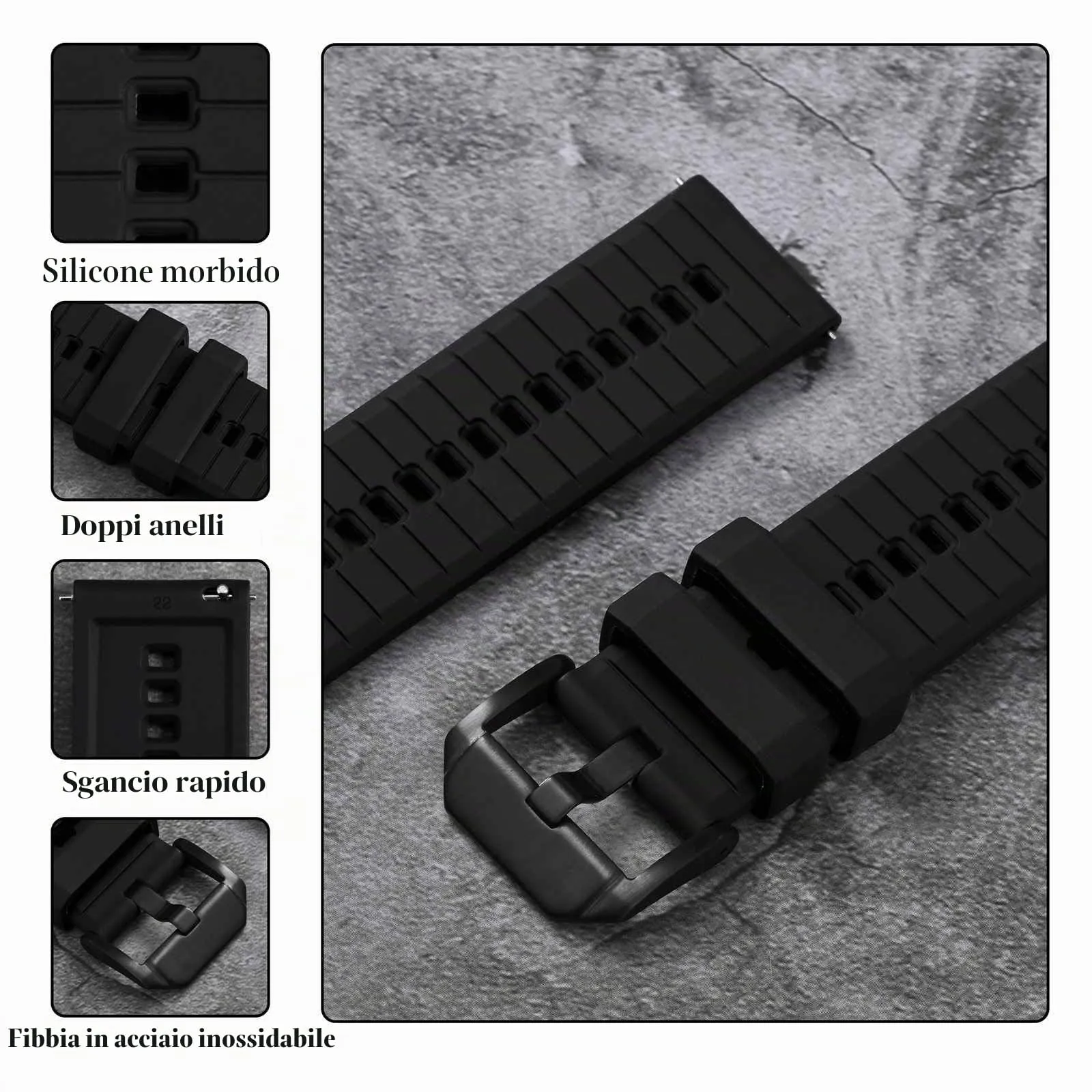 ANBEER Cinturino in silicone a sgancio rapido 18mm, Nero con fibbia nera - immagine 4