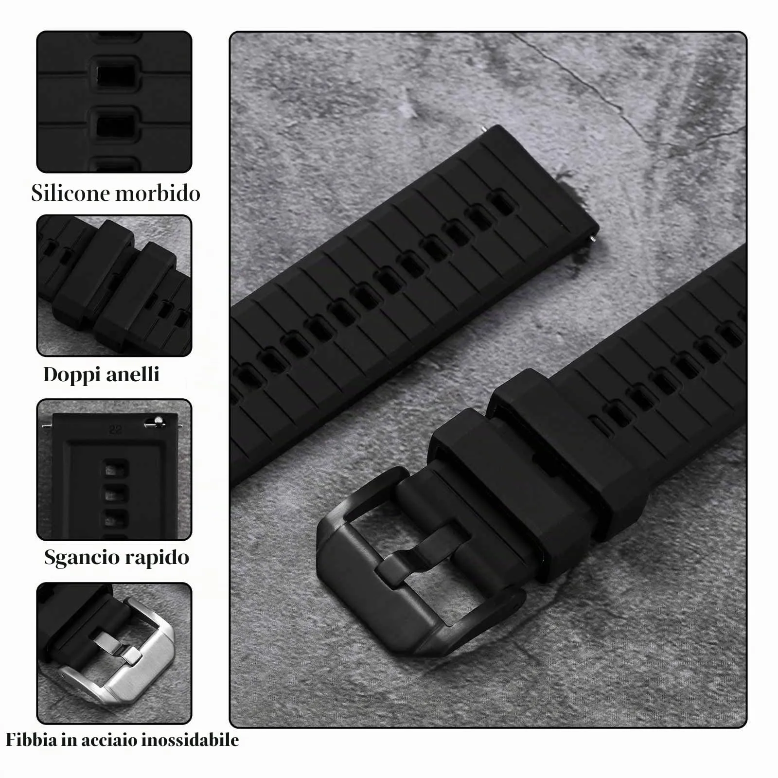 ANBEER Cinturino in silicone da 22mm a sgancio rapido, Nero con fibbia argento - immagine 4