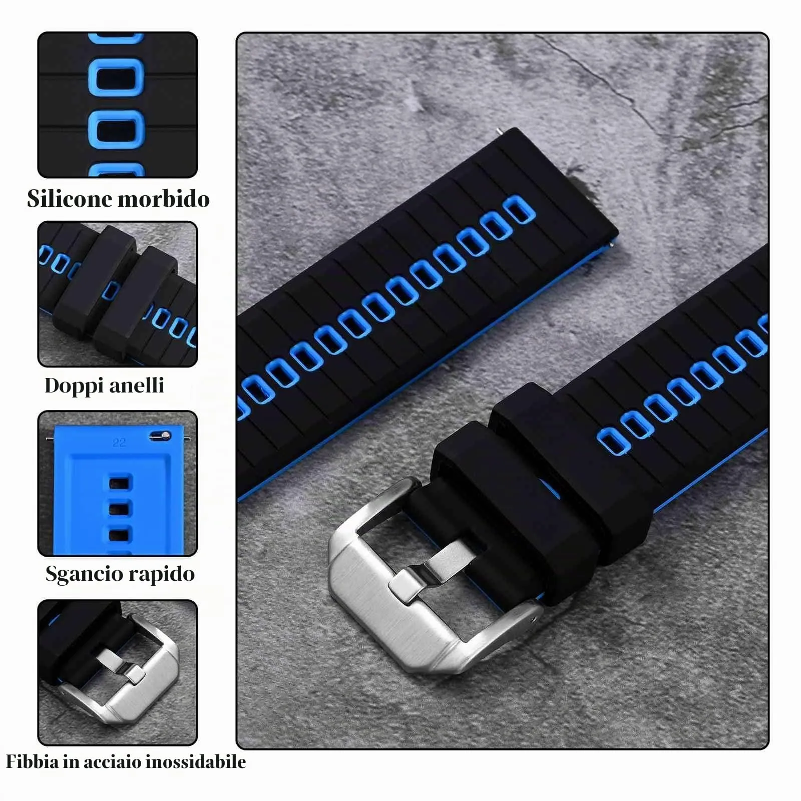 ANBEER Cinturino in silicone 20mm a sgancio rapido, Nero&Blu con fibbia argento - immagine 4
