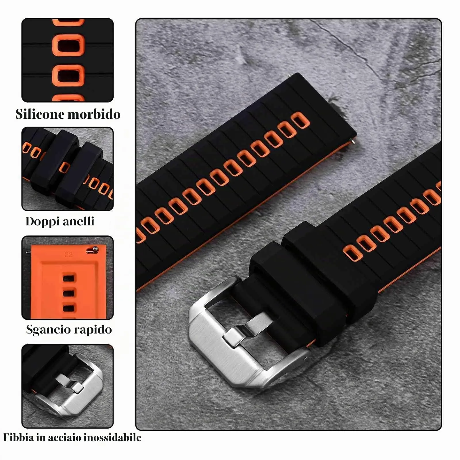 ANBEER Cinturino in Silicone 20mm a Sgancio Rapido, Nero & Arancio con Fibbia Argento - immagine 4