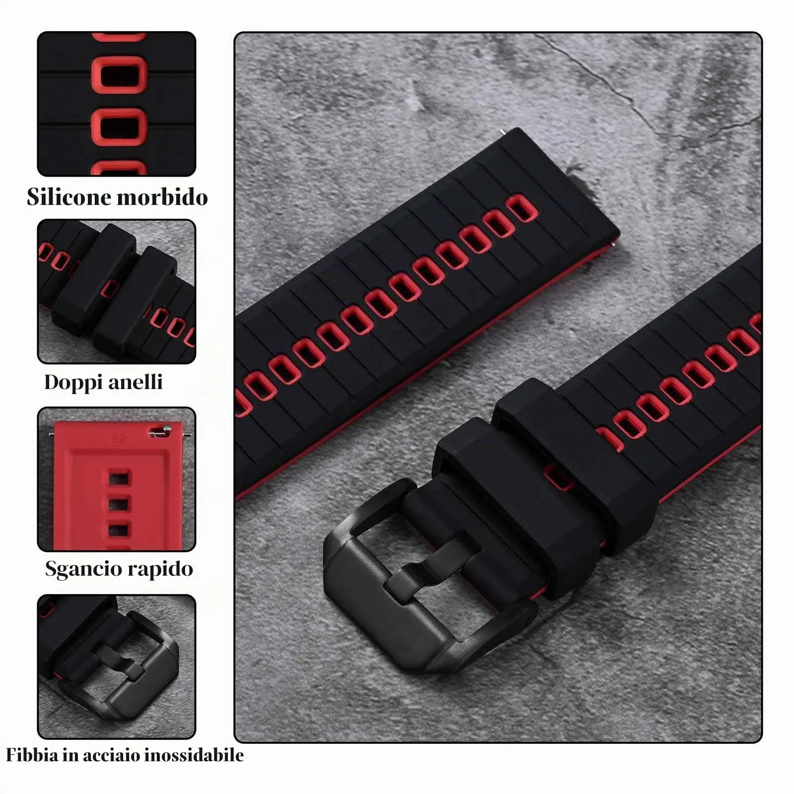 ANBEER Cinturino in silicone a sgancio rapido 20mm, Nero e Rosso con fibbia nera - immagine 4