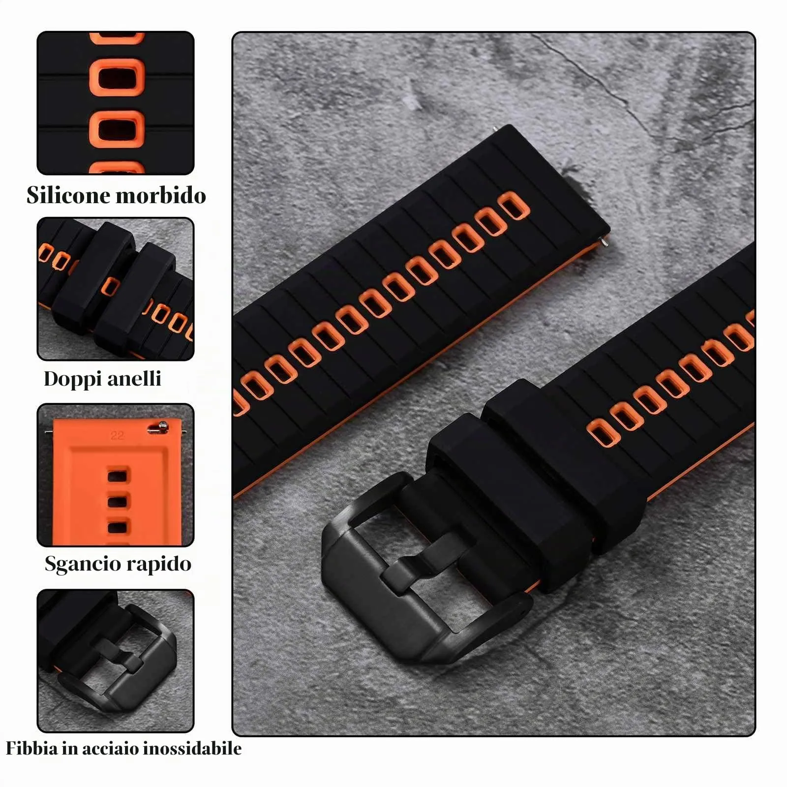 ANBEER Cinturino in silicone a sgancio rapido 22mm, Nero&Arancio con fibbia nera - immagine 4