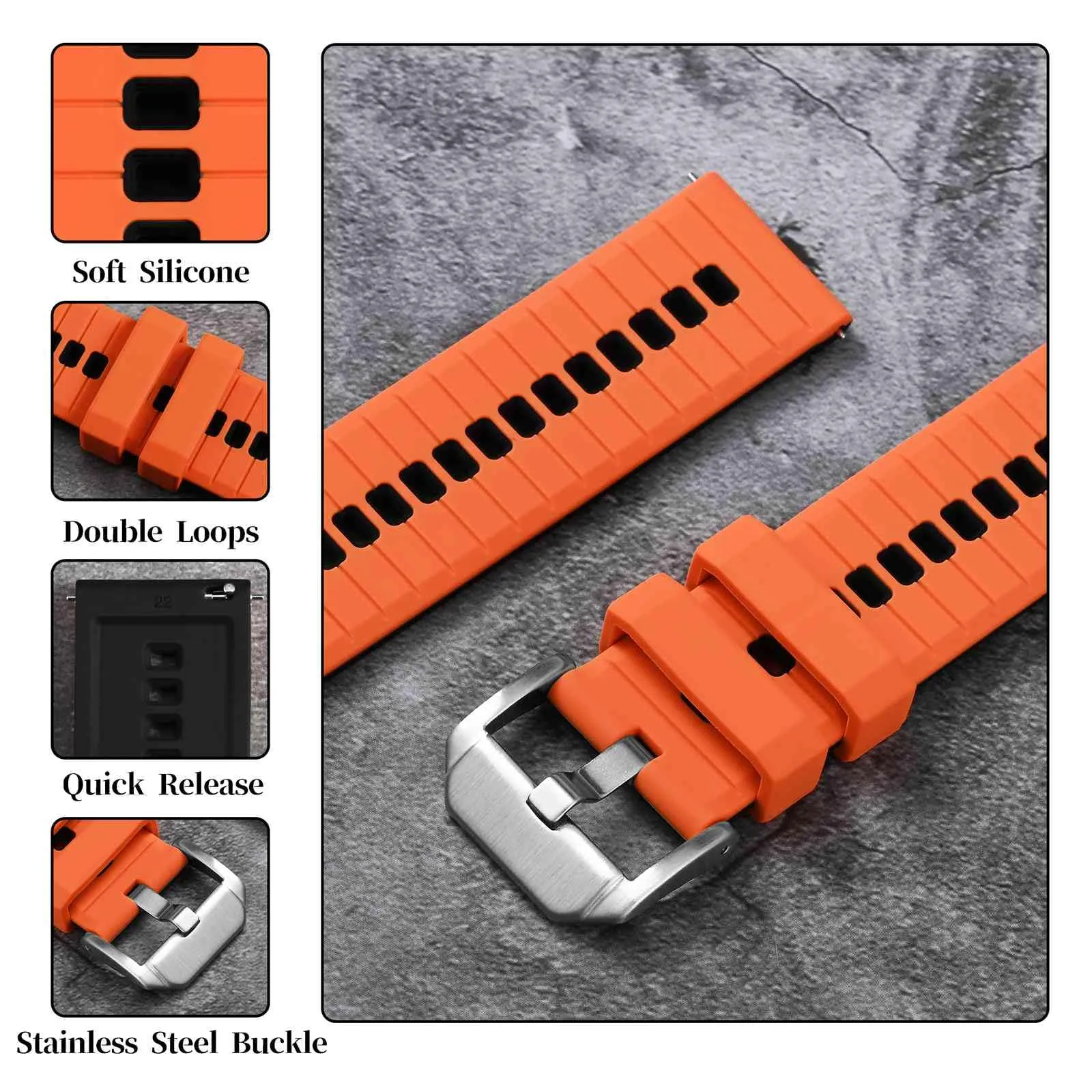 ANBEER Cinturino in silicone a sgancio rapido 24mm, Arancione e Nero con fibbia argento - immagine 4