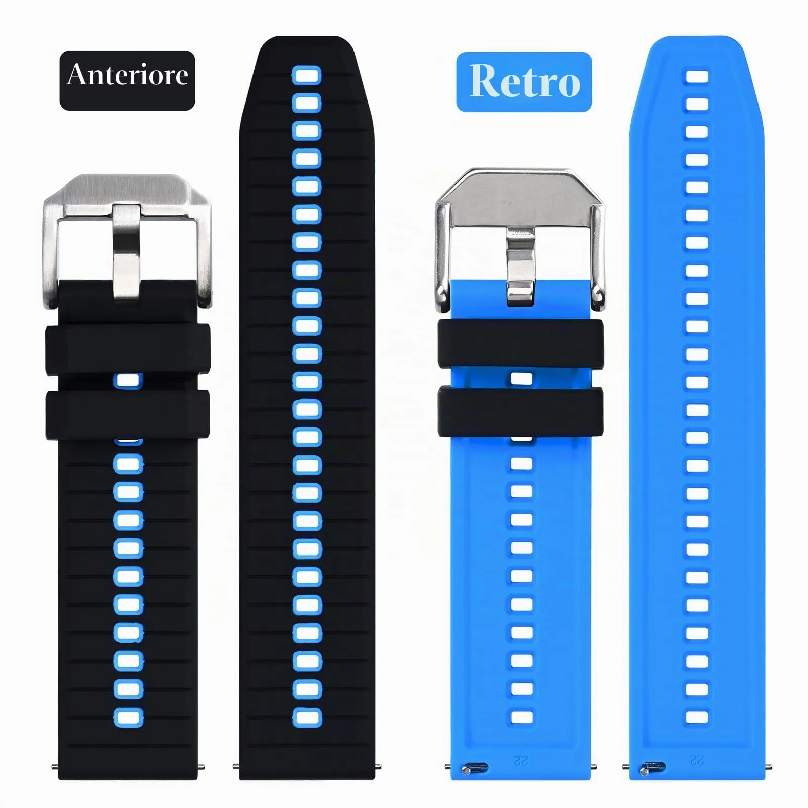 ANBEER Cinturino in Silicone 22mm a Sgancio Rapido, Nero&Blu con Fibbia Argento - immagine 3