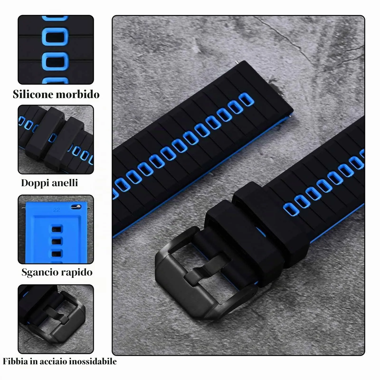 ANBEER Cinturino in silicone a sgancio rapido 20mm, Nero & Blu con fibbia nera - immagine 4
