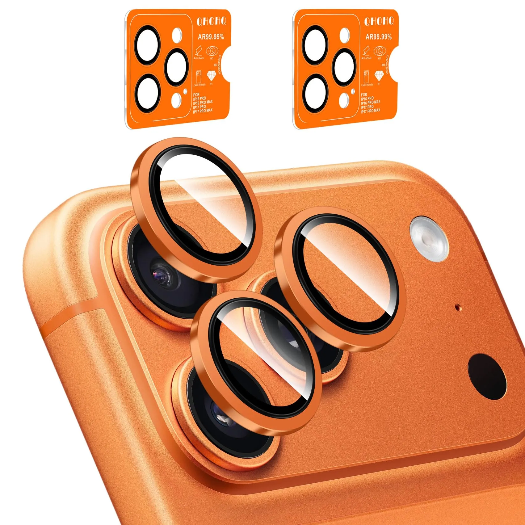 QHOHQ Protezione Fotocamera per iPhone 17 Pro Max/16 Pro Max/15 Pro Max, Vetro Temperato 9H+, Arancione (2 Pezzi) - immagine 1
