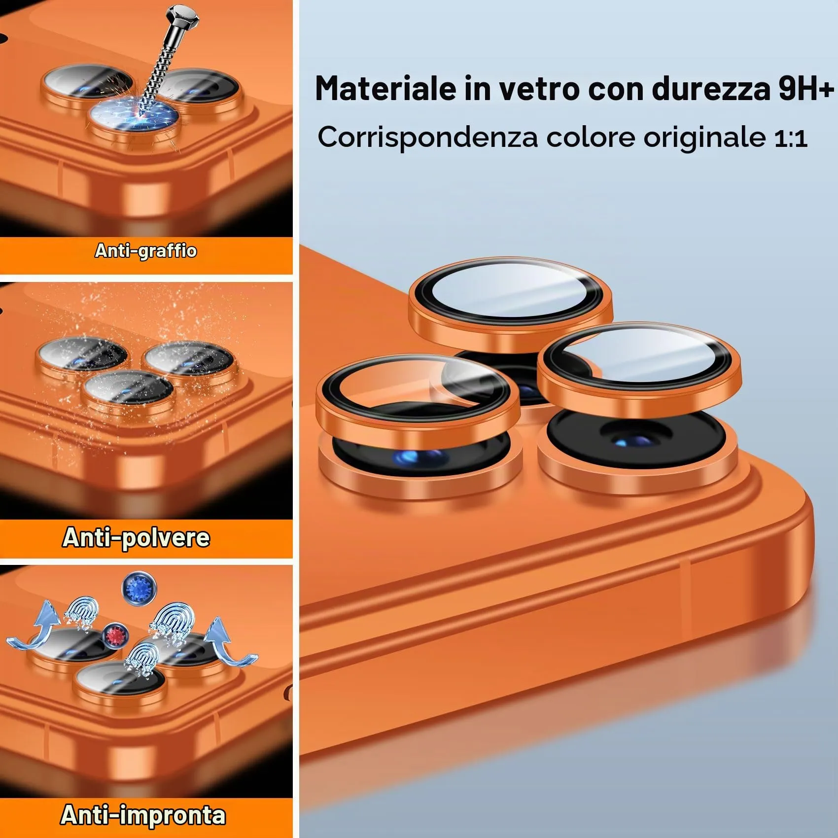 QHOHQ Protezione Fotocamera per iPhone 17 Pro Max/16 Pro Max/15 Pro Max, Vetro Temperato 9H+, Arancione (2 Pezzi) - immagine 5
