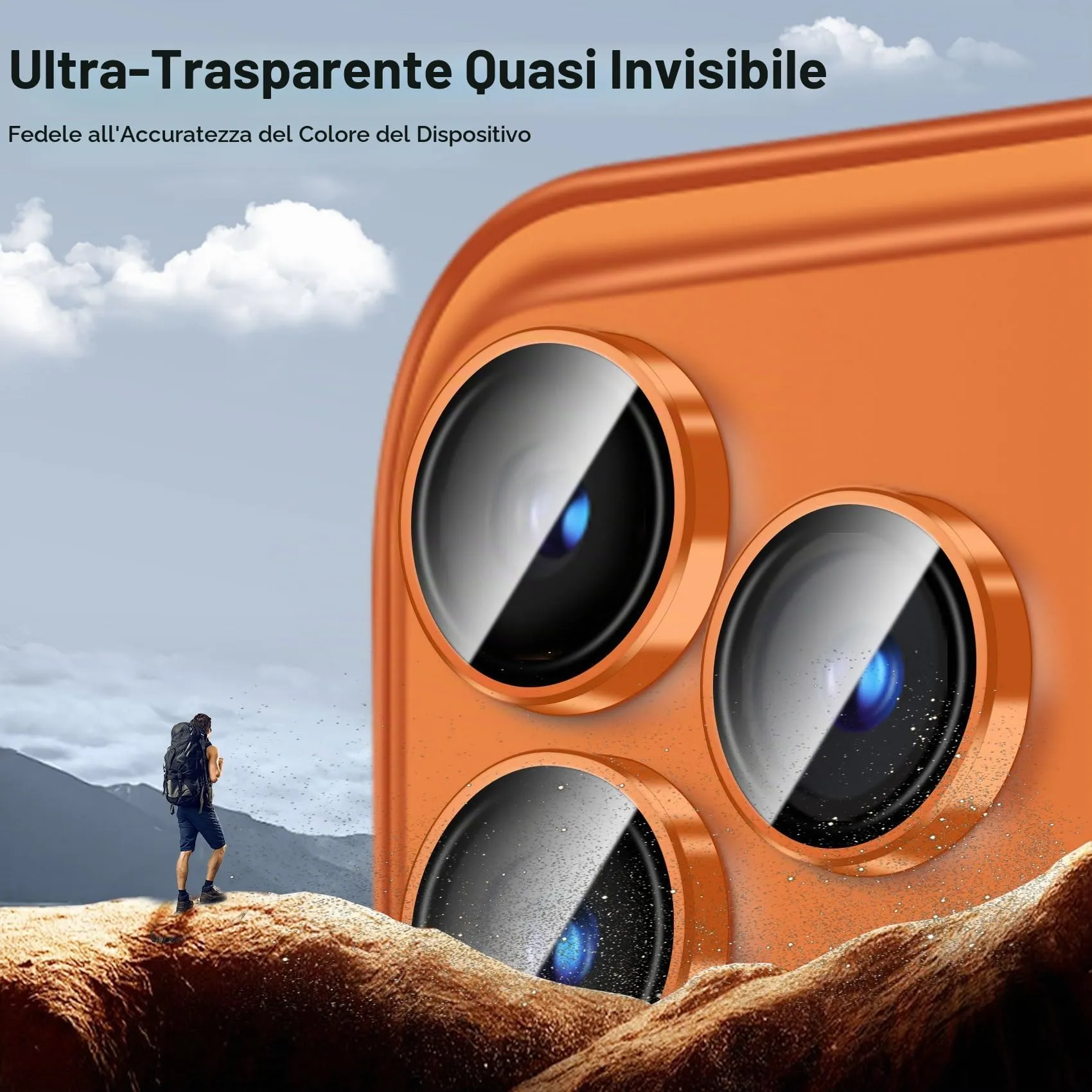 QHOHQ Protezione Fotocamera per iPhone 17 Pro Max/16 Pro Max/15 Pro Max, Vetro Temperato 9H+, Arancione (2 Pezzi) - immagine 6