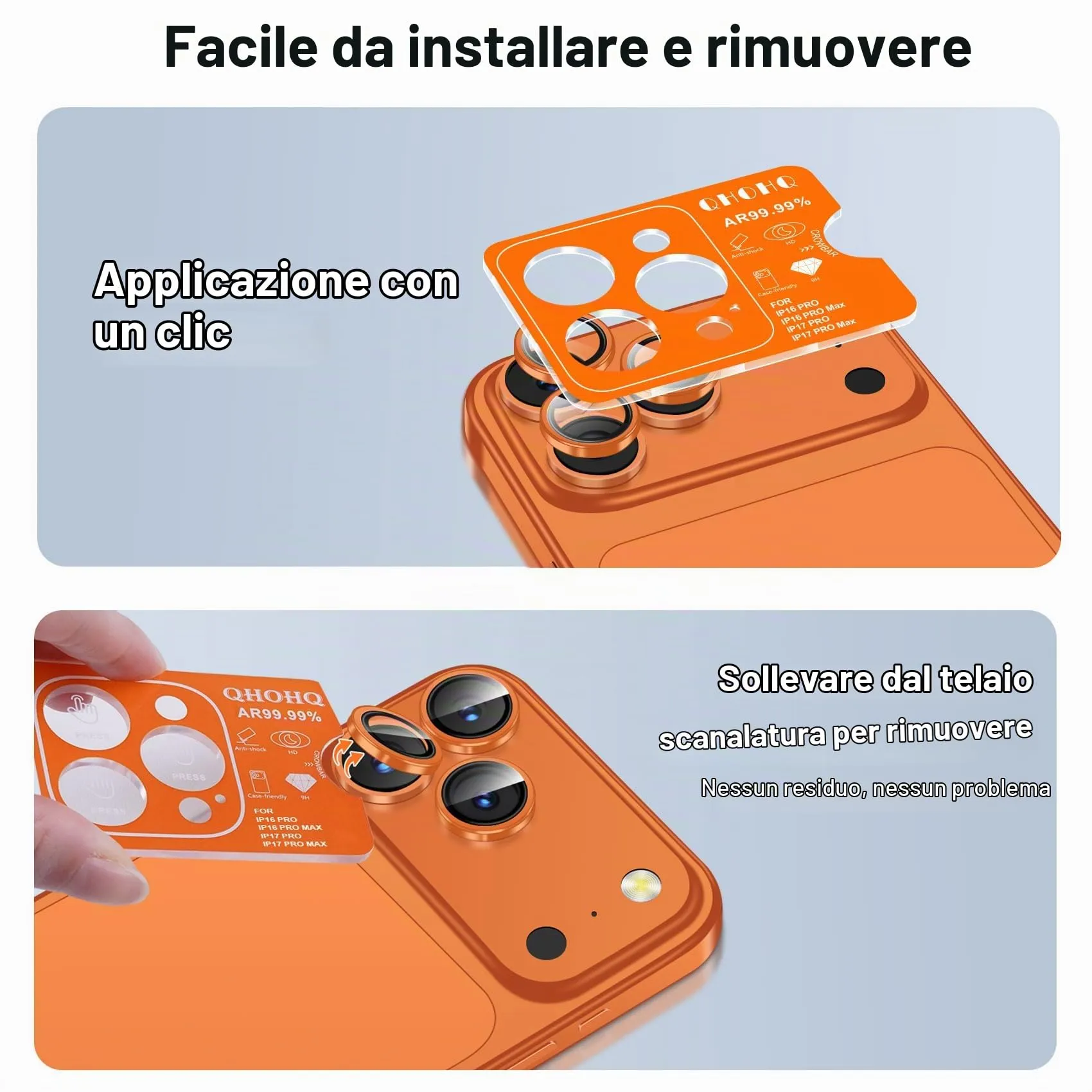QHOHQ Protezione Fotocamera per iPhone 17 Pro Max/16 Pro Max/15 Pro Max, Vetro Temperato 9H+, Arancione (2 Pezzi) - immagine 7