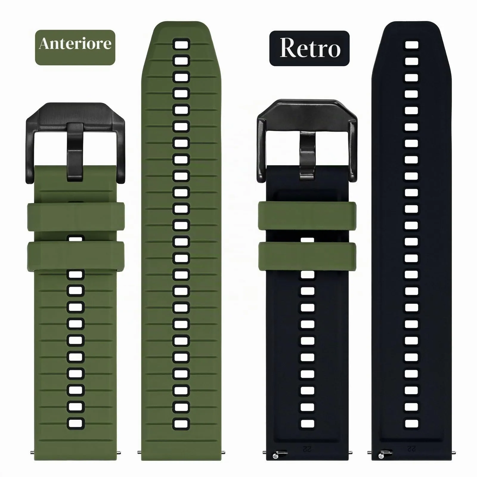 ANBEER Cinturino in silicone a sgancio rapido 18mm, Verde Militare e Nero con fibbia nera - immagine 3