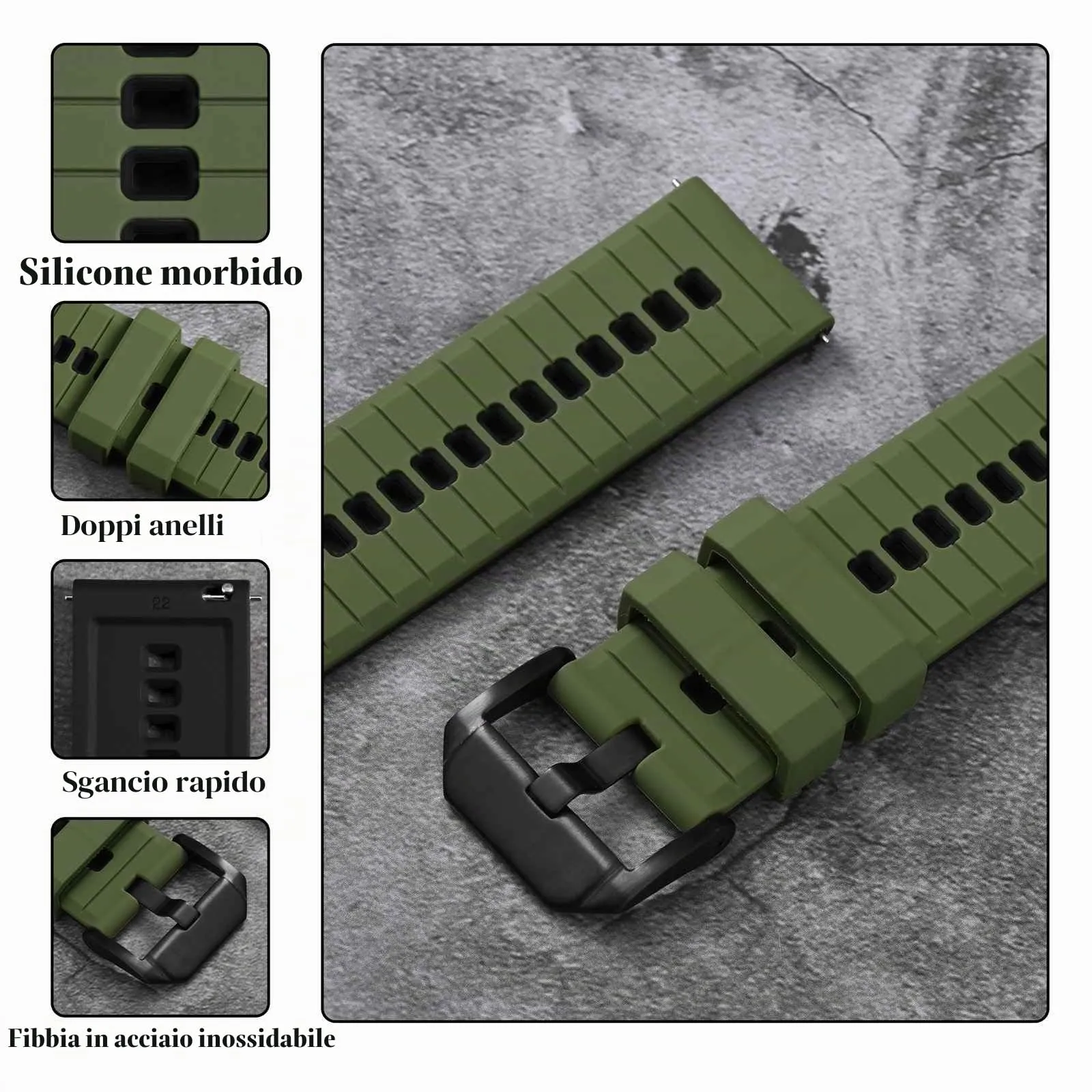 ANBEER Cinturino in silicone a sgancio rapido 18mm, Verde Militare e Nero con fibbia nera - immagine 4
