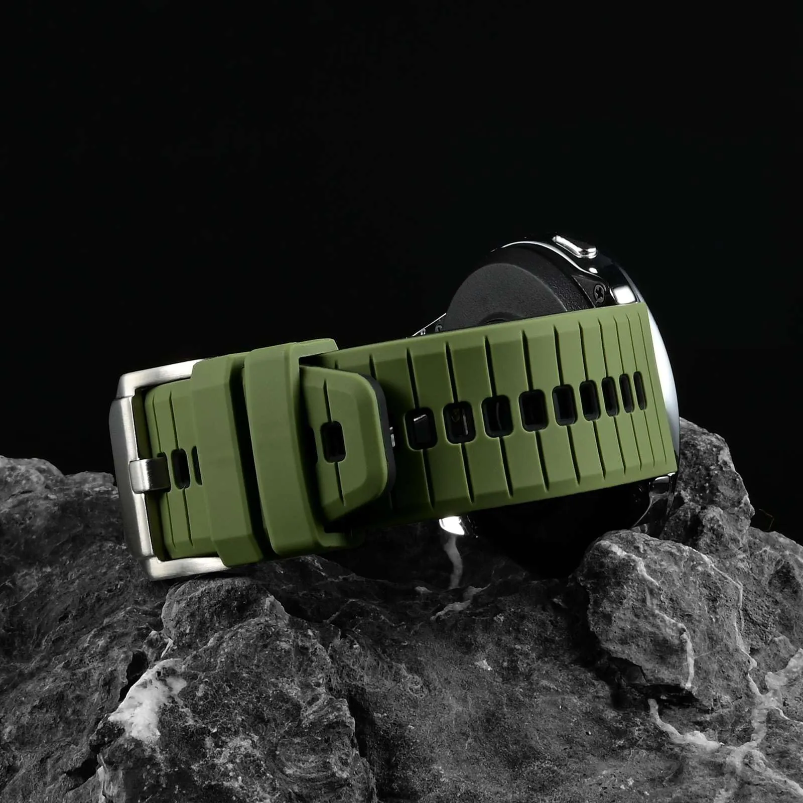 ANBEER Cinturino in silicone a sgancio rapido 22mm, Verde Militare e Nero con fibbia argento - immagine 2