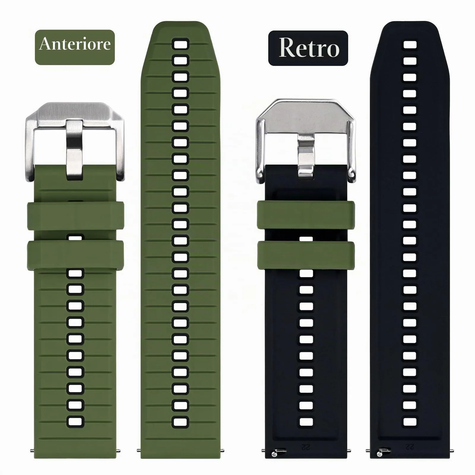 ANBEER Cinturino in silicone a sgancio rapido 22mm, Verde Militare e Nero con fibbia argento - immagine 3