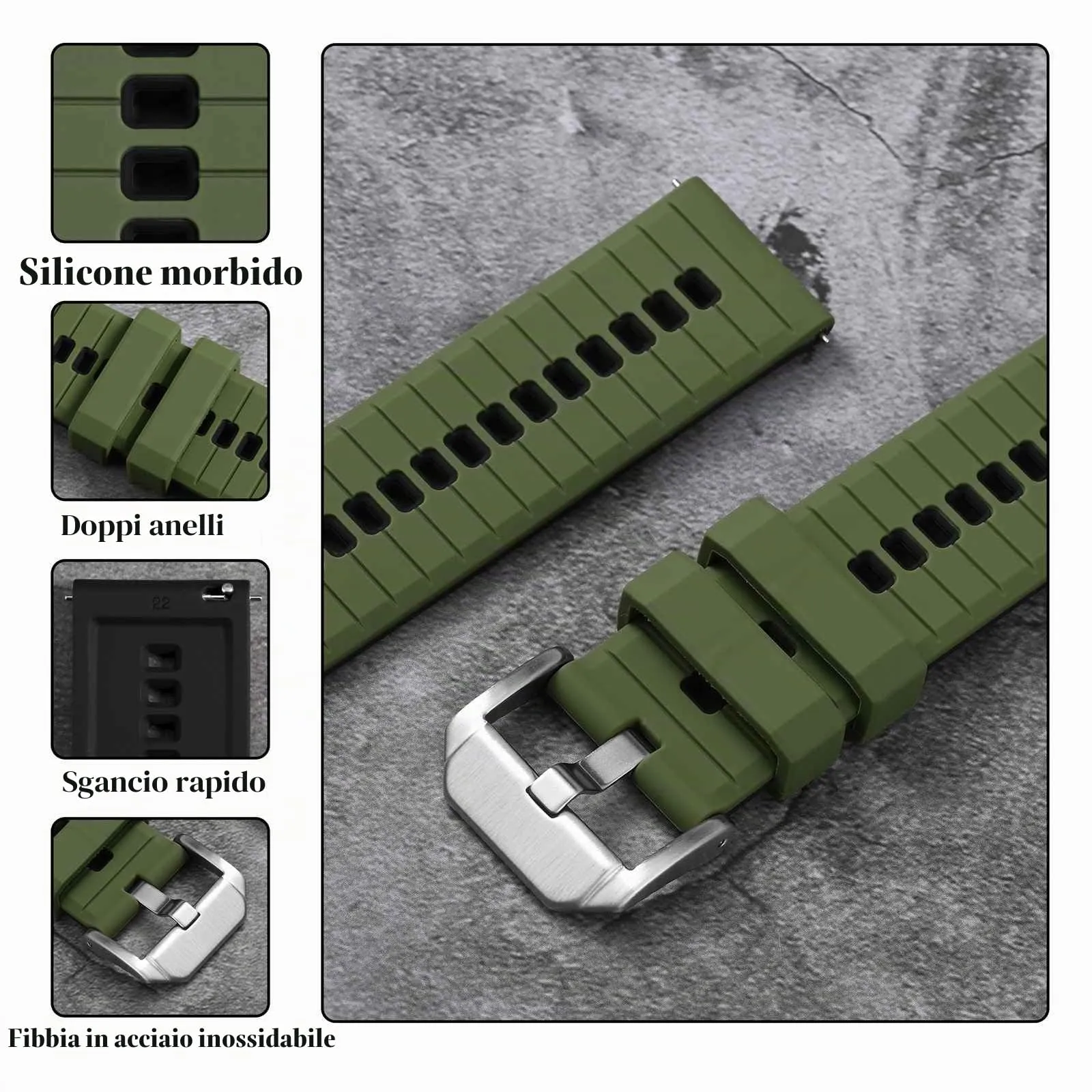ANBEER Cinturino in silicone a sgancio rapido 22mm, Verde Militare e Nero con fibbia argento - immagine 4