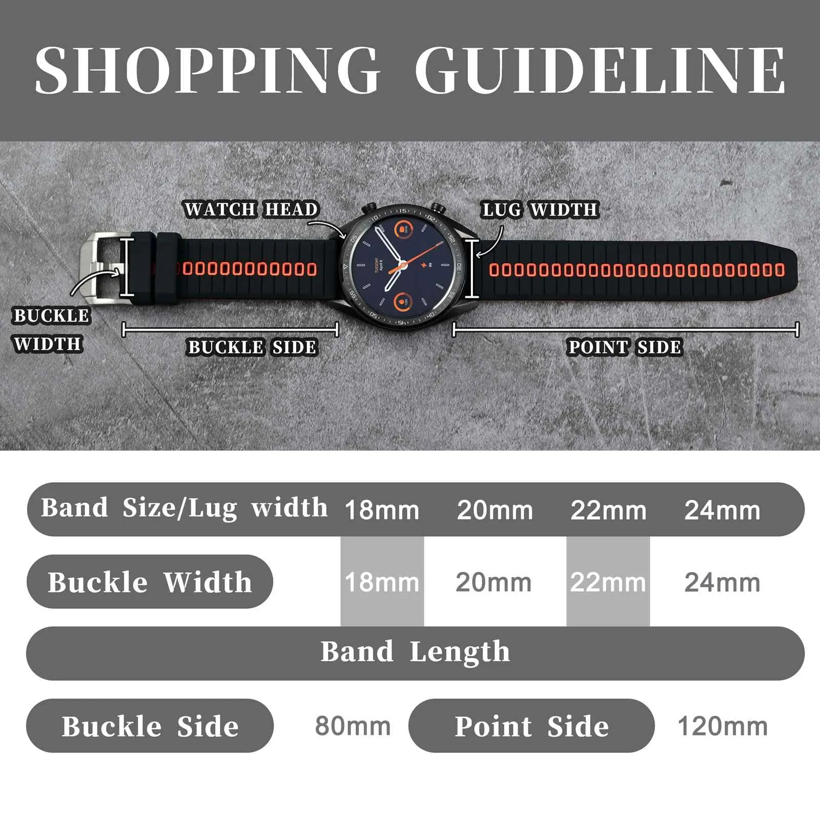 ANBEER Cinturino in silicone a sgancio rapido 22mm, Nero&Arancio con fibbia argento - immagine 5