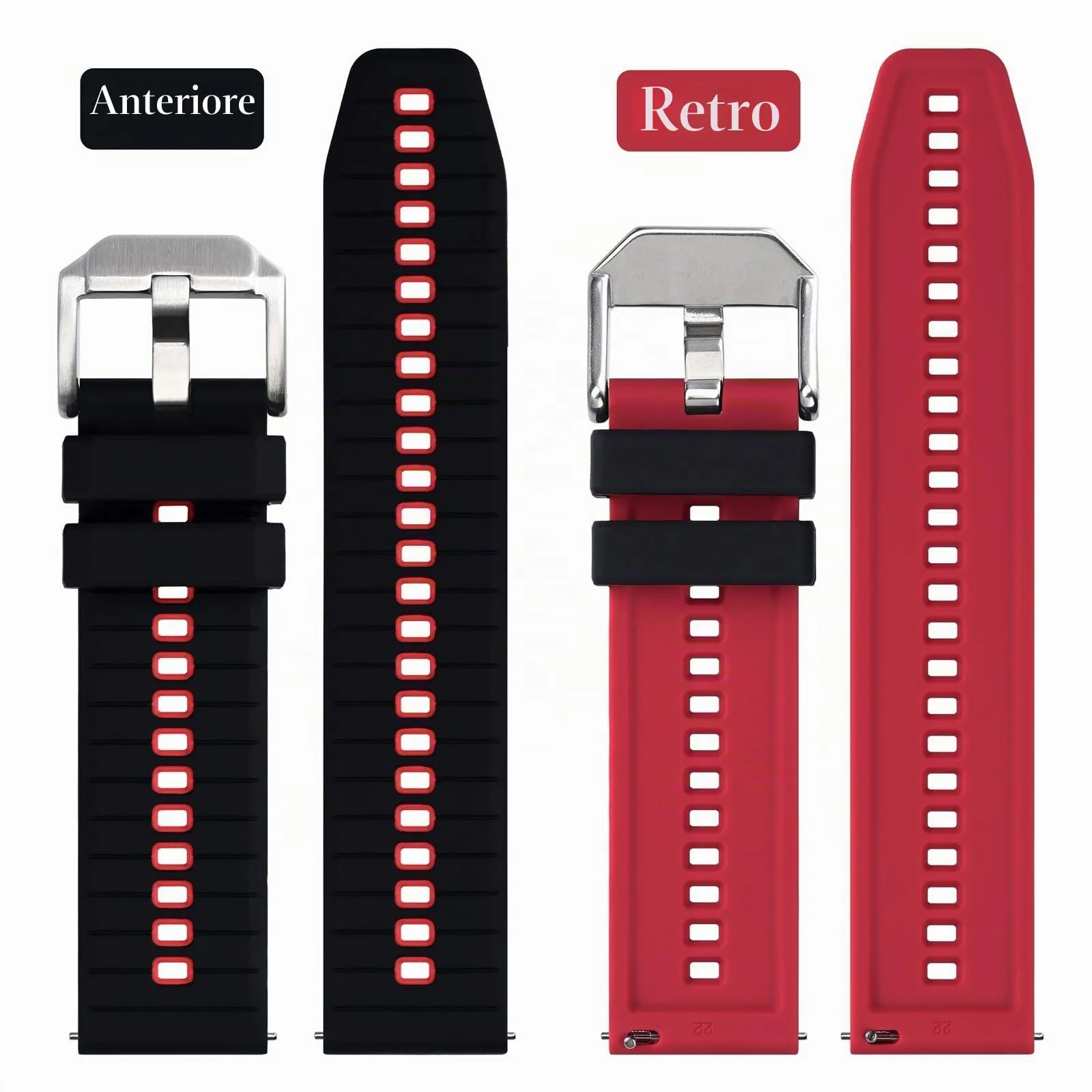 ANBEER Cinturino in Silicone 22mm a Sgancio Rapido, Nero&Rosso con Fibbia Argento - immagine 3