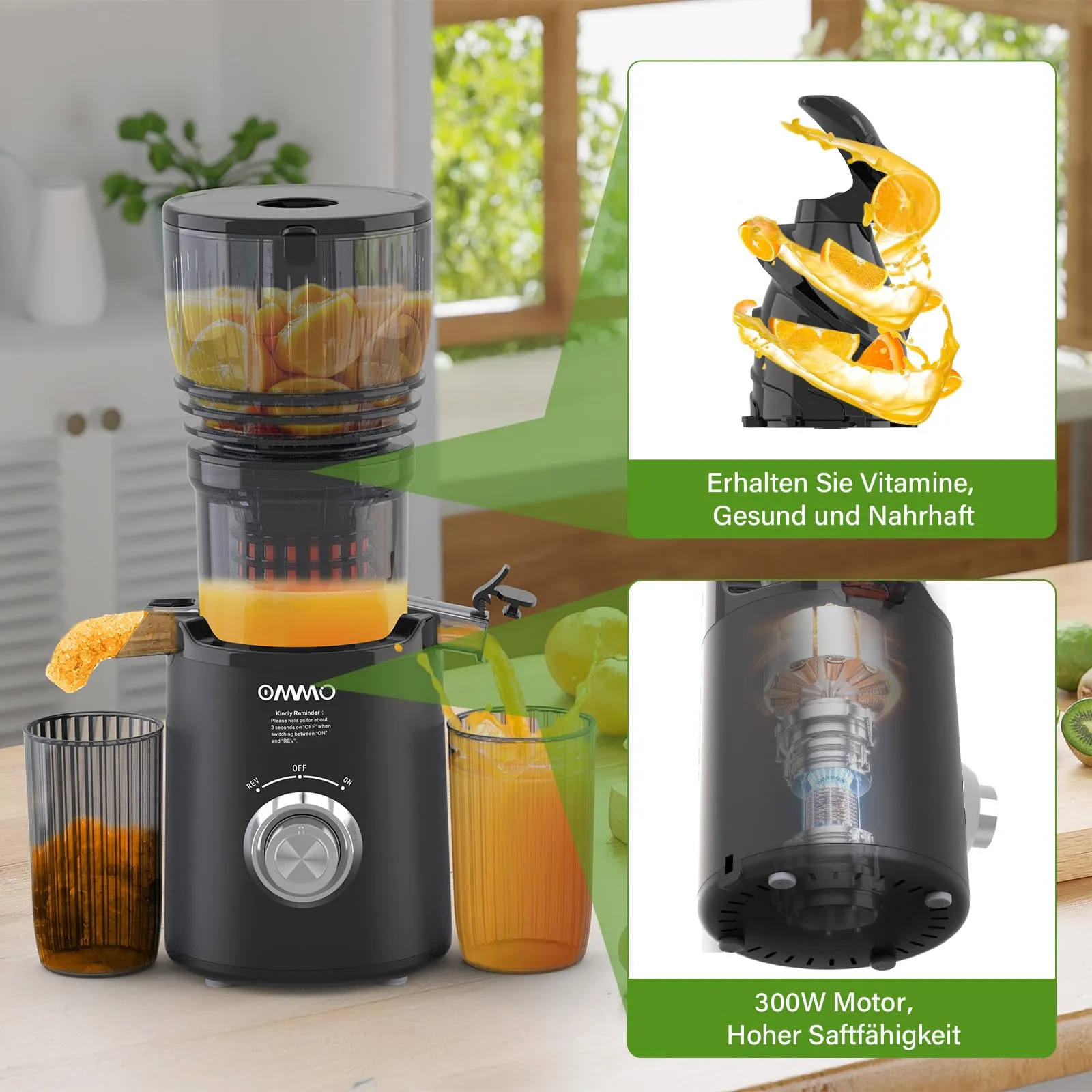 OMMO Estrattore di Succo per Frutta e Verdura, 300W, Nero - immagine 3