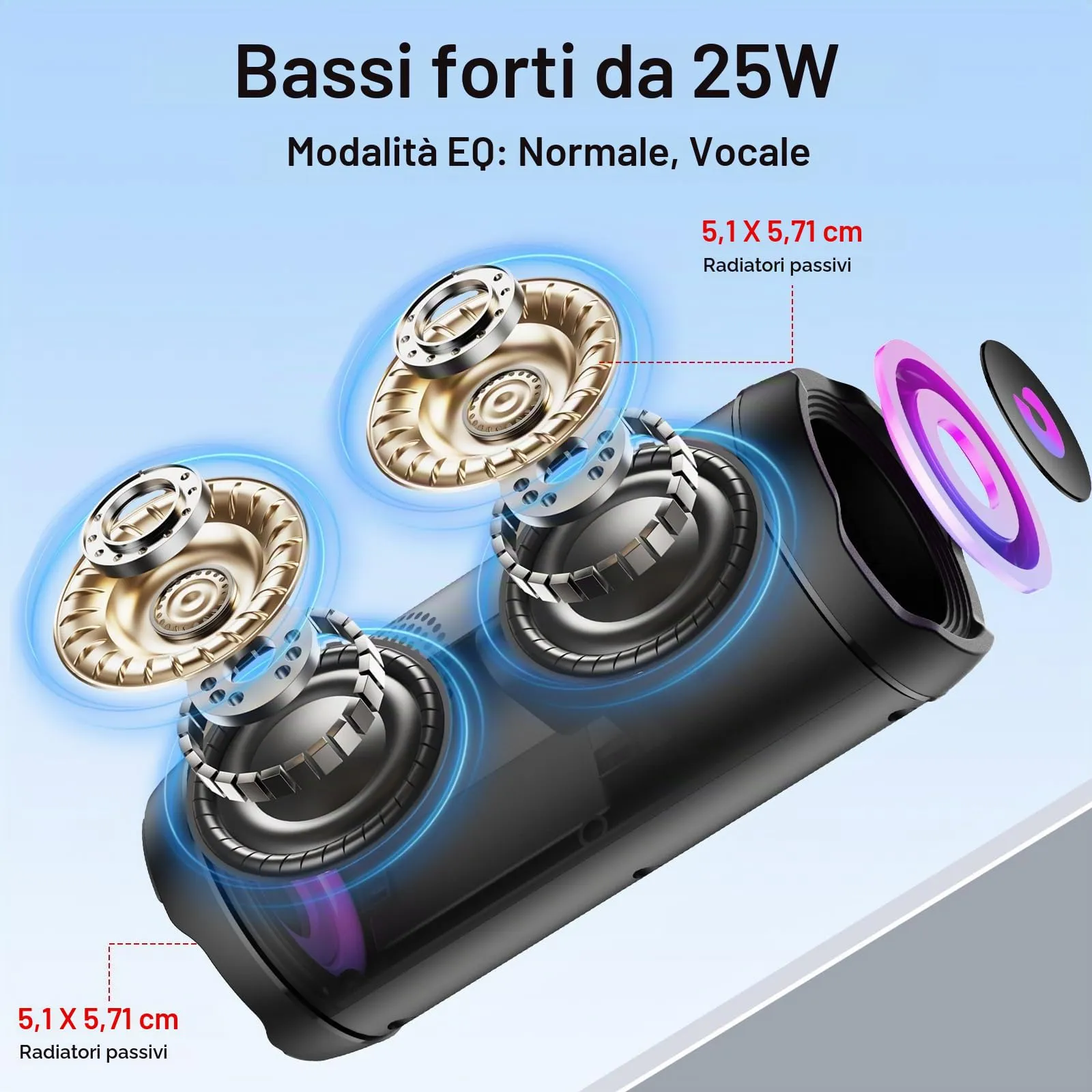 coioc S18-BMEU6-BK Cassa Bluetooth Portatile 25W, Doppio Basso Driver, 25 Ore di Autonomia, IPX7, Luci RGB, Nero Profondo - immagine 2