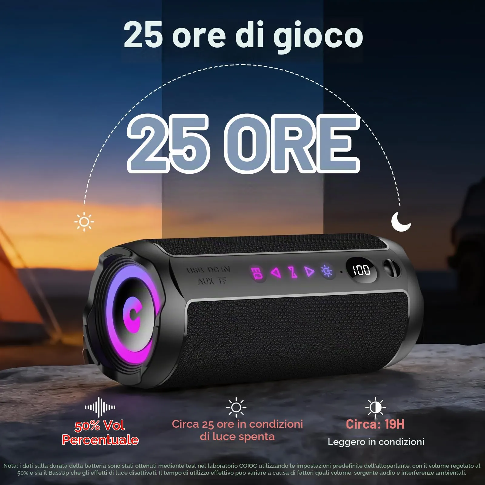 coioc S18-BMEU6-BK Cassa Bluetooth Portatile 25W, Doppio Basso Driver, 25 Ore di Autonomia, IPX7, Luci RGB, Nero Profondo - immagine 3