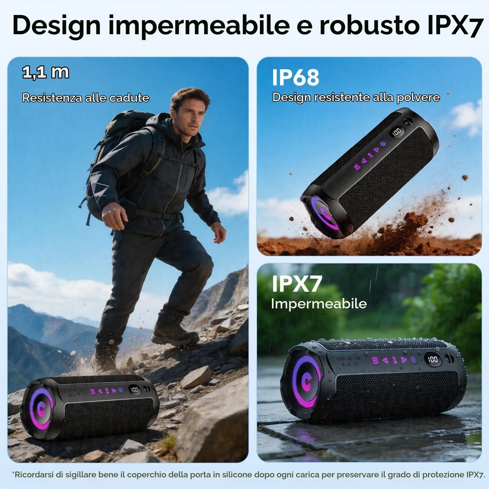 coioc S18-BMEU6-BK Cassa Bluetooth Portatile 25W, Doppio Basso Driver, 25 Ore di Autonomia, IPX7, Luci RGB, Nero Profondo - immagine 5