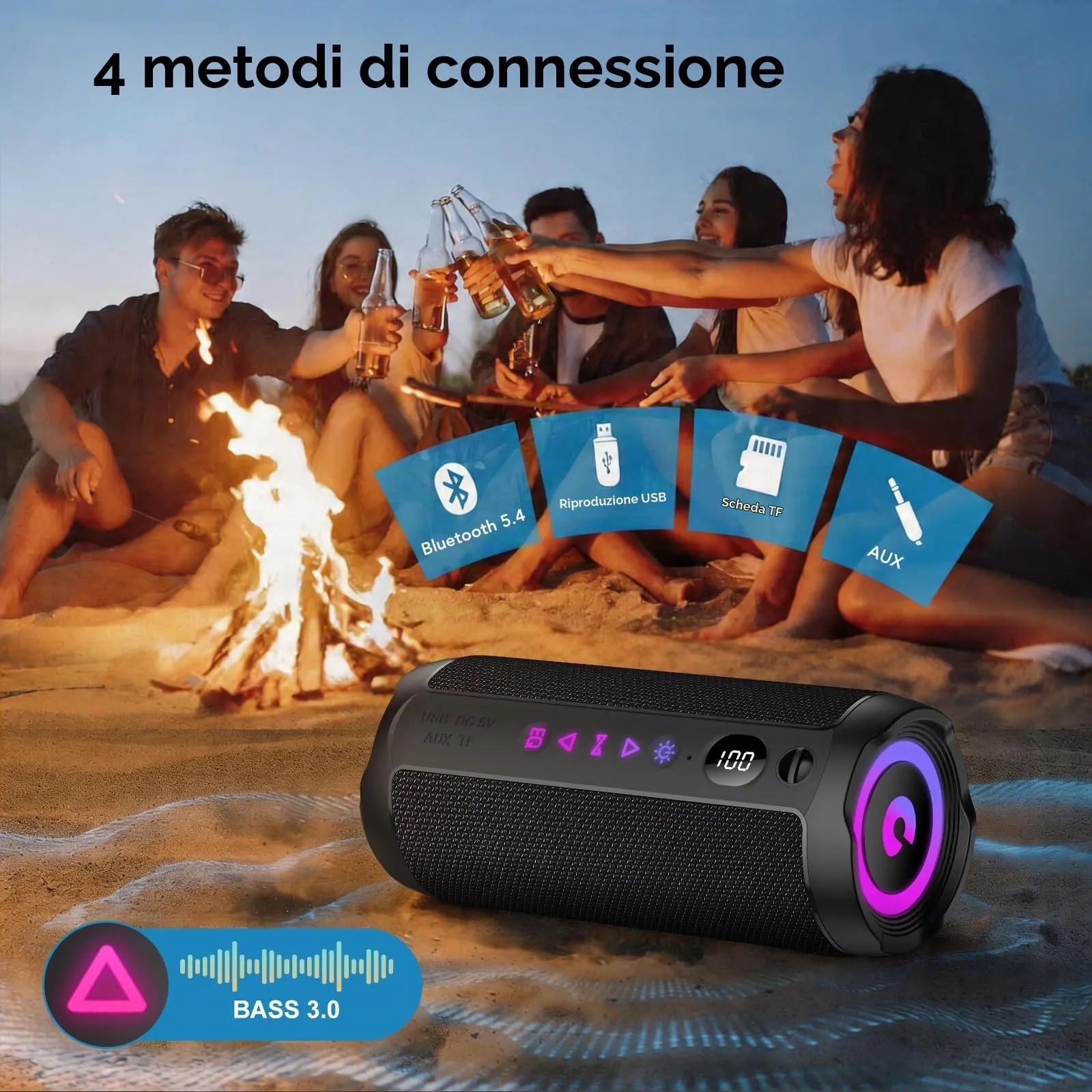 coioc S18-BMEU6-BK Cassa Bluetooth Portatile 25W, Doppio Basso Driver, 25 Ore di Autonomia, IPX7, Luci RGB, Nero Profondo - immagine 6