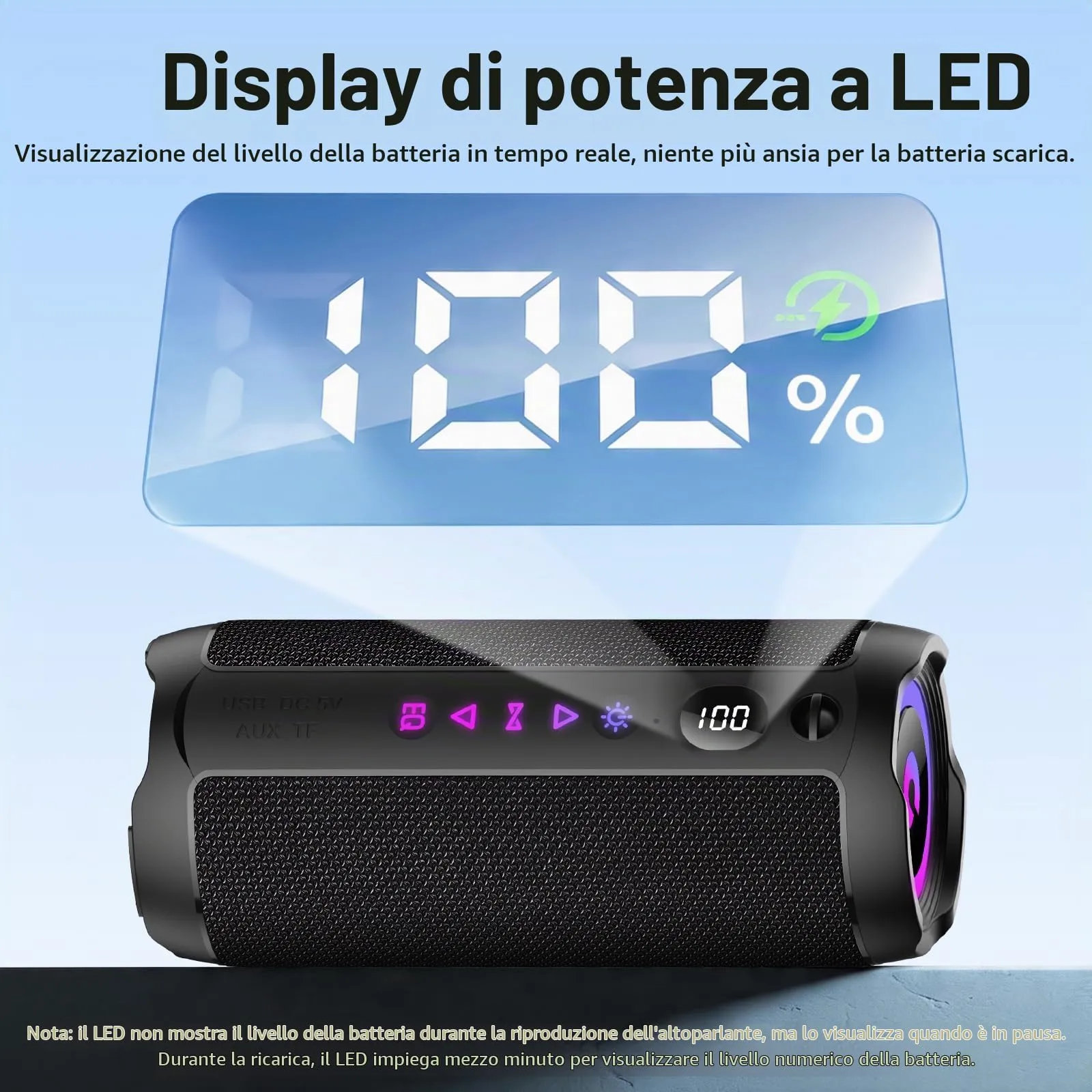 coioc S18-BMEU6-BK Cassa Bluetooth Portatile 25W, Doppio Basso Driver, 25 Ore di Autonomia, IPX7, Luci RGB, Nero Profondo - immagine 8