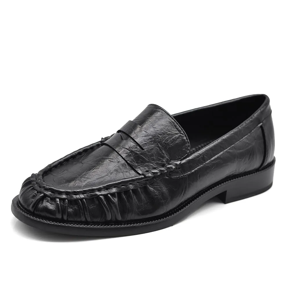 IF Mocassini Donna Punta Arricciata Effetto Pelle Stropicciata Penny Loafer Tacco Basso GA075 Nero 40 - immagine 1