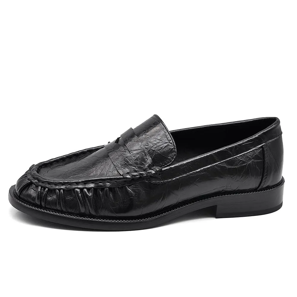 IF Mocassini Donna Punta Arricciata Effetto Pelle Stropicciata Stile College Penny Loafer Tacco Basso GA075 Nero 36 - immagine 3