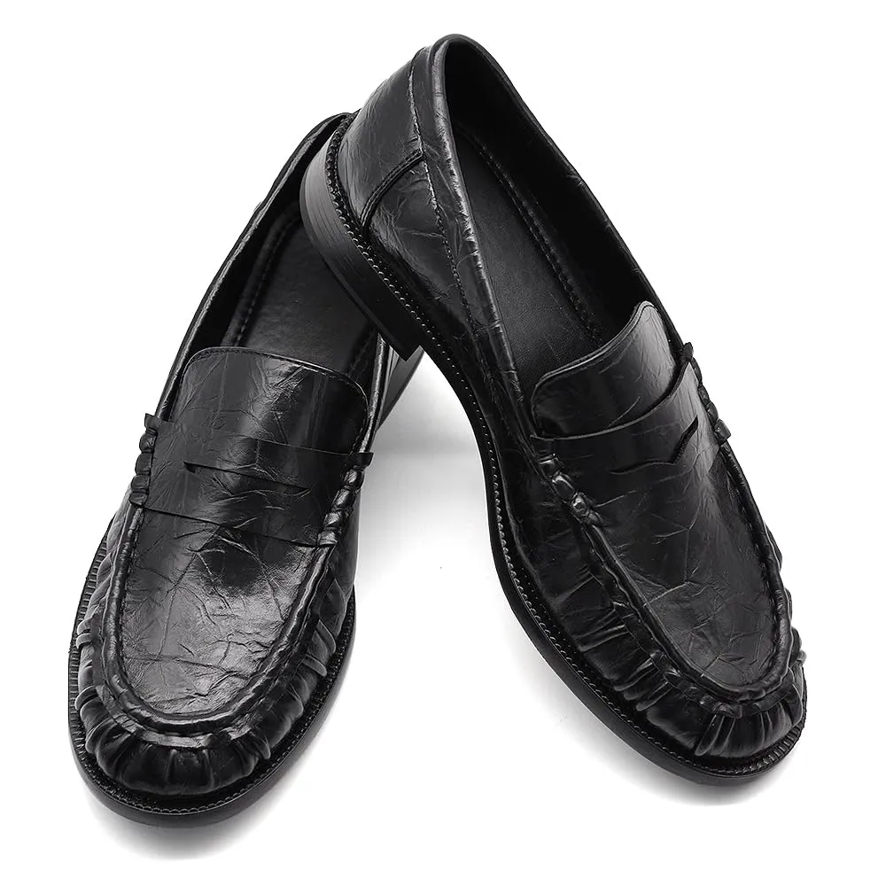 IF Mocassini Donna Punta Arricciata Effetto Pelle Stropicciata Penny Loafer GA075 Nero N.39 - immagine 4