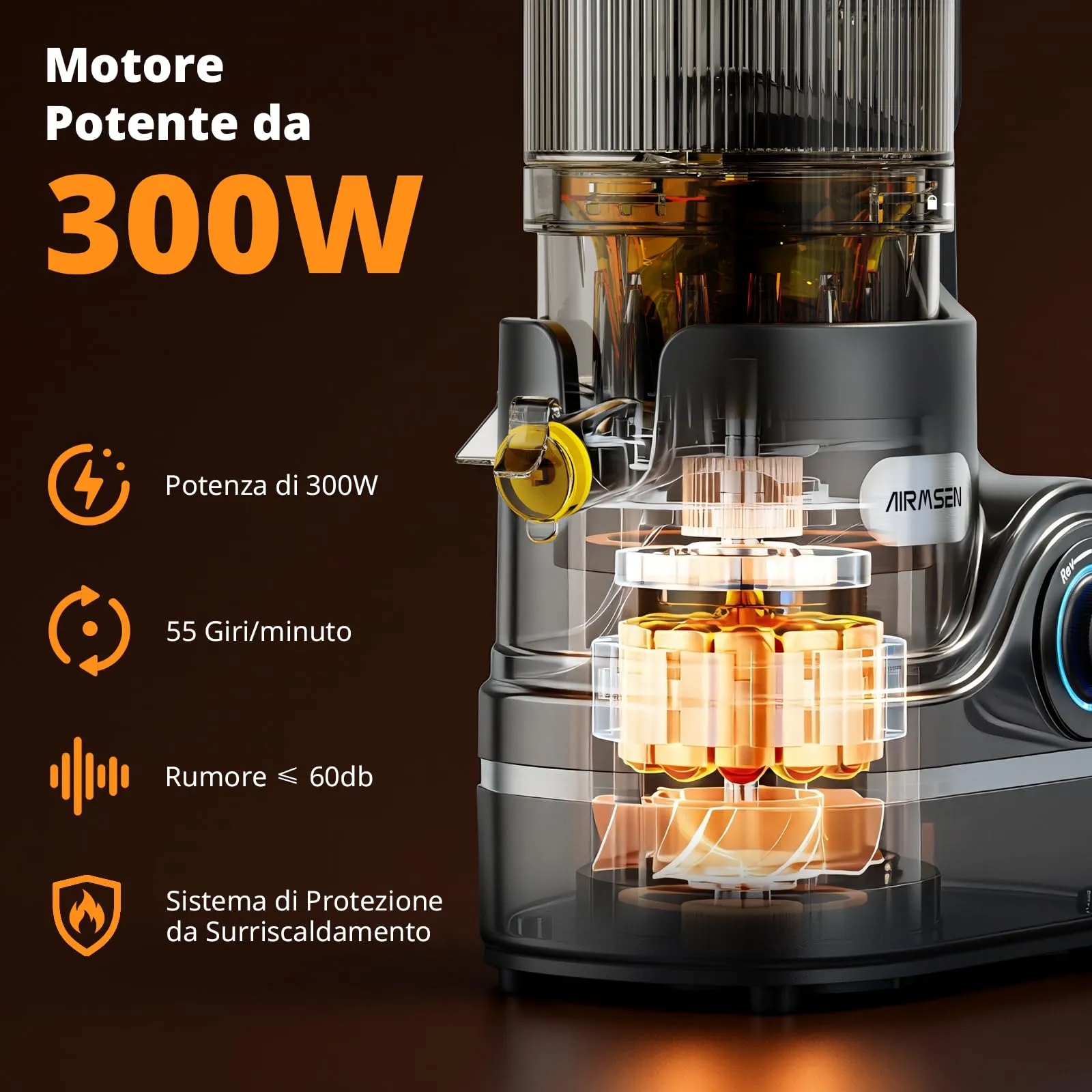 AIRMSEN Estrattore di Succo a Freddo Elettrico, 2,1L, 300W, KS-218T-EU - immagine 6