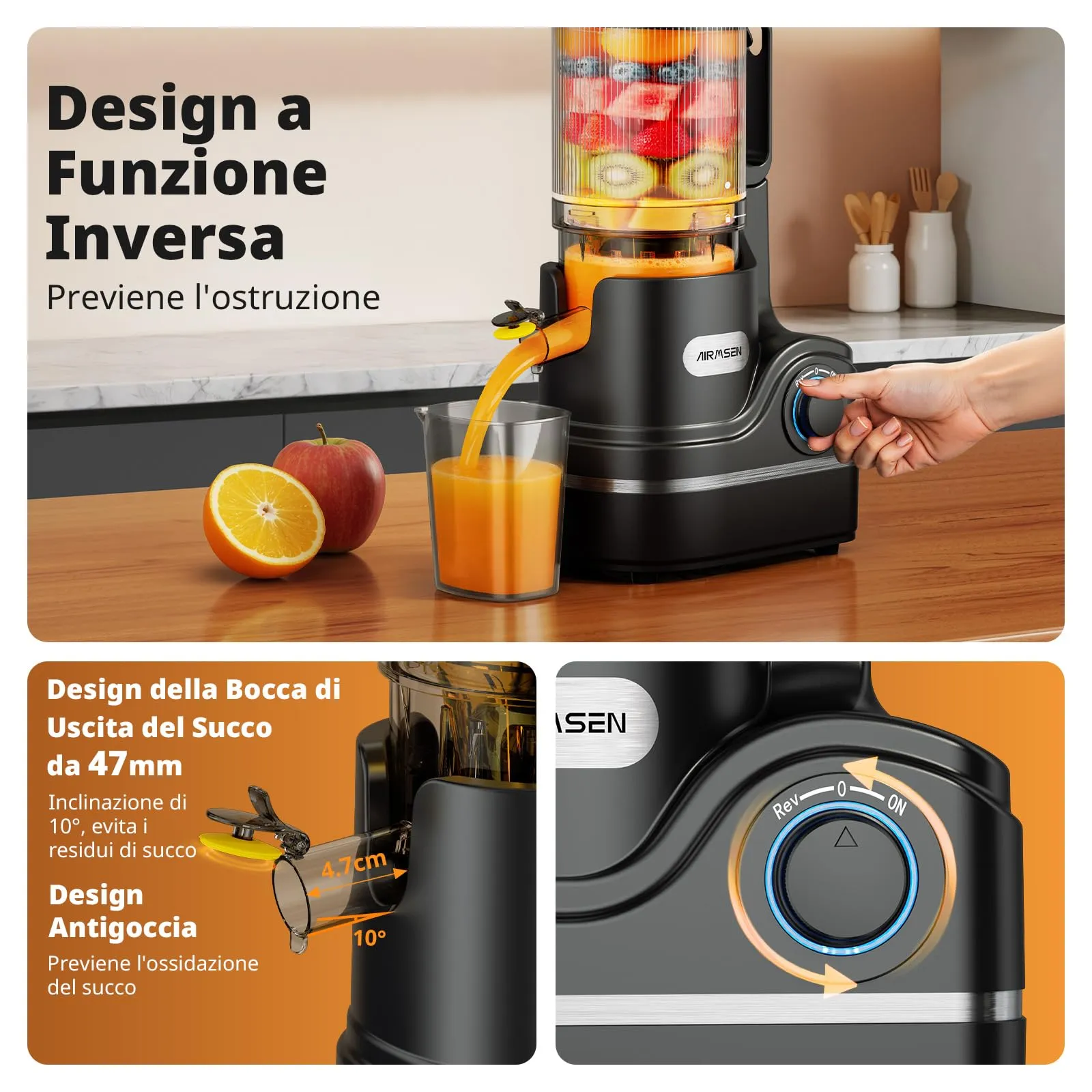 AIRMSEN Estrattore di Succo a Freddo Elettrico, 2,1L, 300W, KS-218T-EU - immagine 8