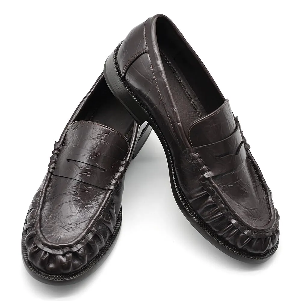 IF Mocassini Donna Punta Arricciata Effetto Pelle Stropicciata Penny Loafer GA075 Marrone 39 - immagine 4