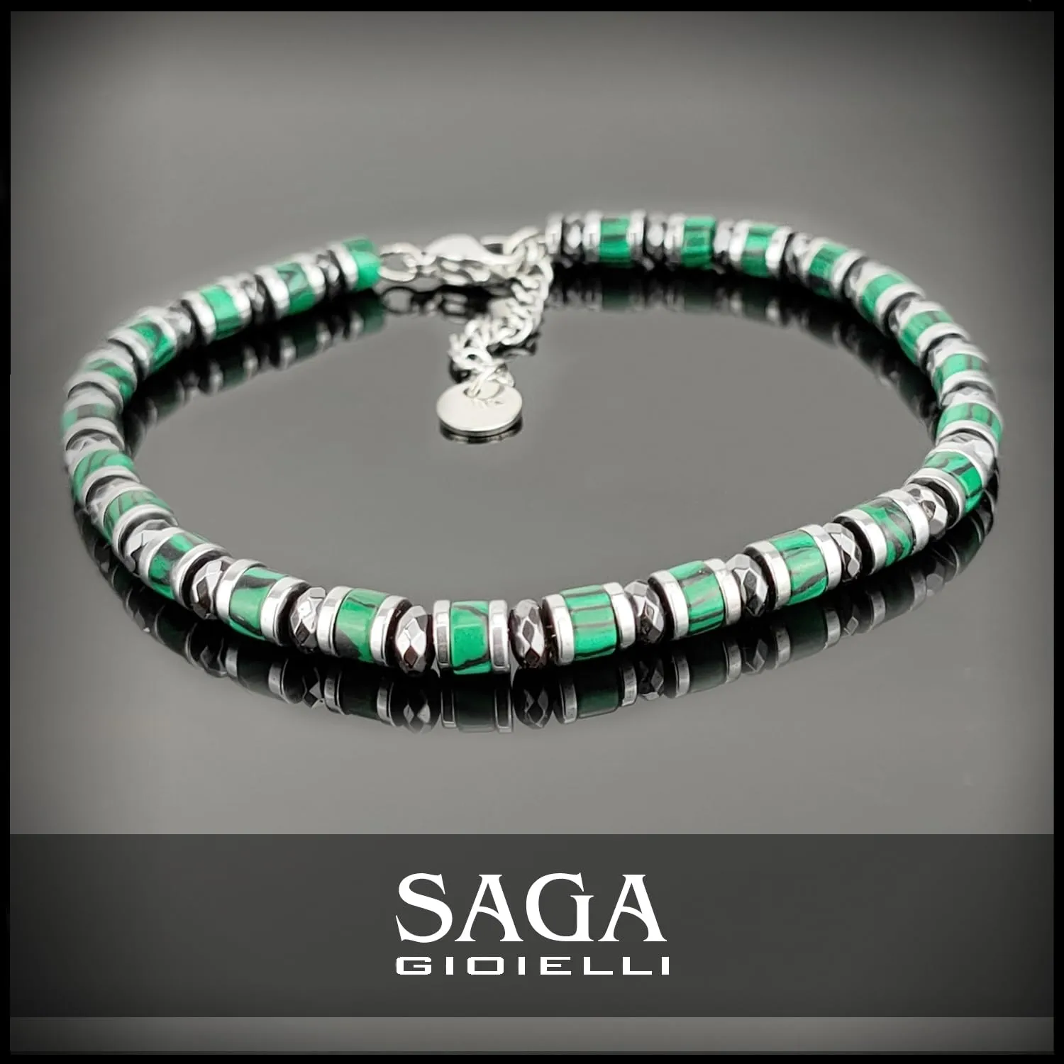 Saga Gioielli Bracciale Uomo Rondelle Pietre Dure Acciaio Giada Verde e Cristalli - immagine 2