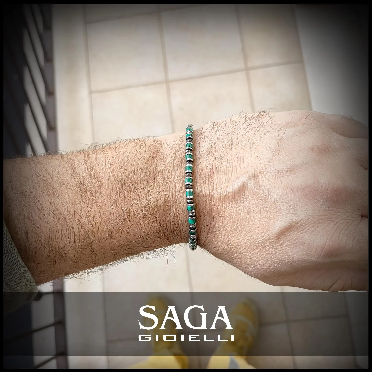 Saga Gioielli Bracciale Uomo Rondelle Pietre Dure Acciaio Giada Verde e Cristalli - immagine 6